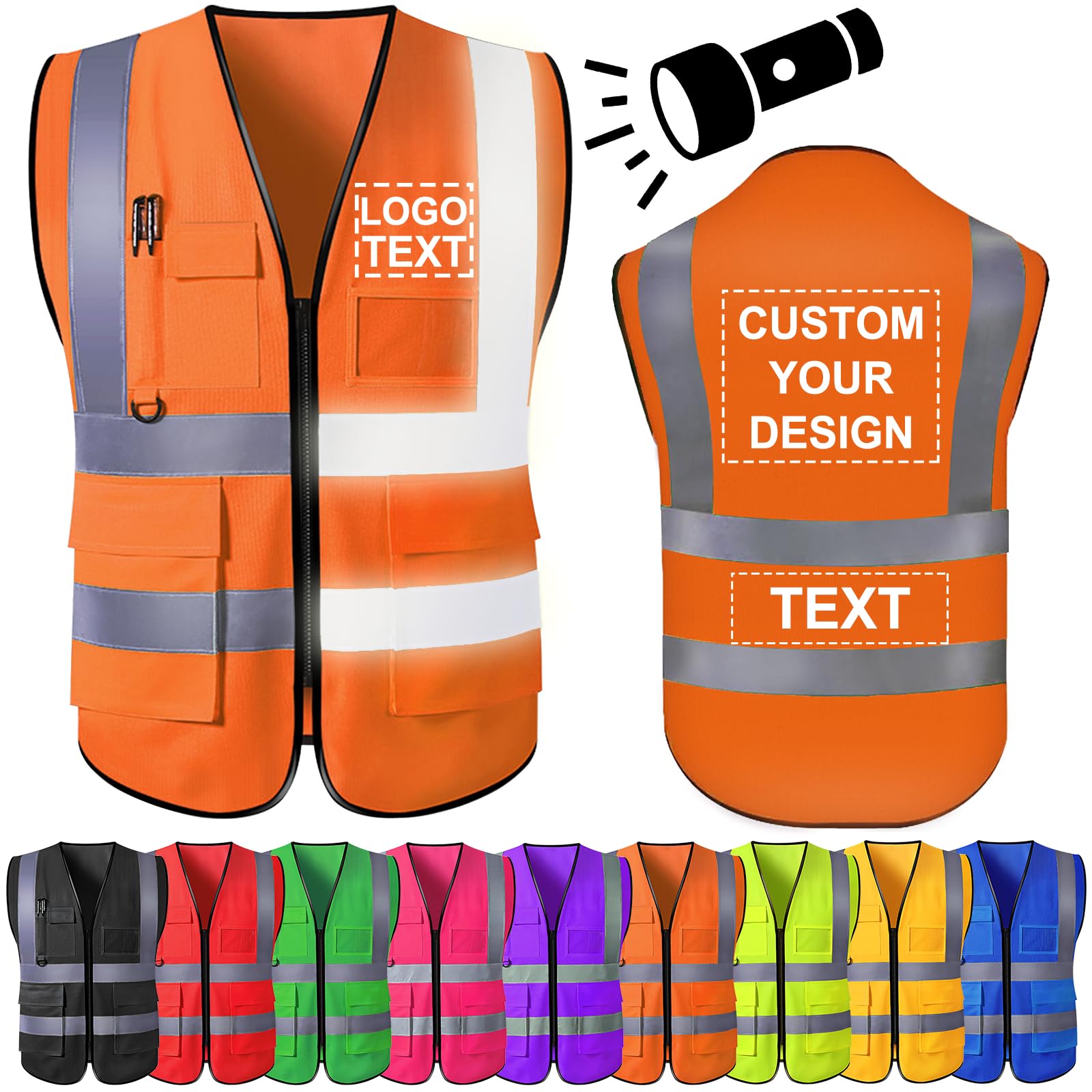 High Visibility Vest Custom Logo Text for Men Personalised Safety Vest Hi Vis Viz Workwear with Reflective Strip 5 Pockets — image 1