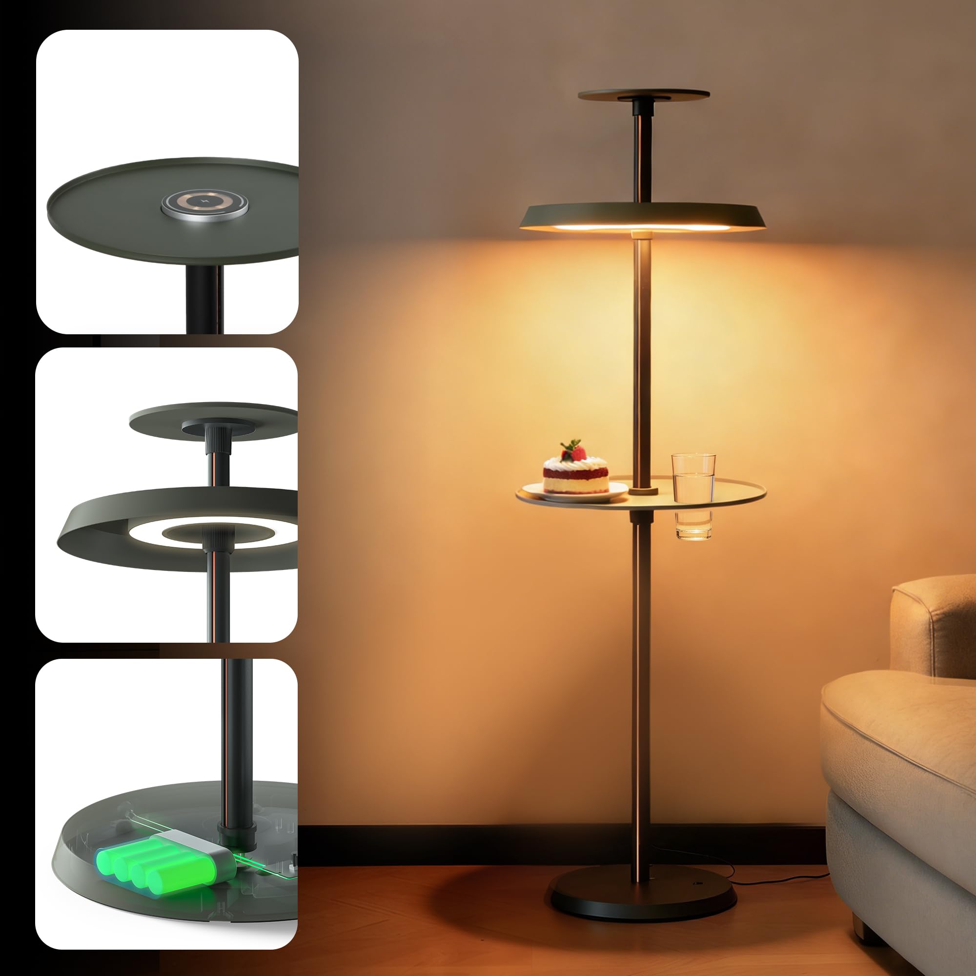 Battery Floor Lamp with Wireless Charger Shelves Remote 21W LED Dimmable Modern Corner Standing Lamp 3-Color Modes 5000mAh Rechargeable Cordless Floor Lamp for Living Room Bedroom Office