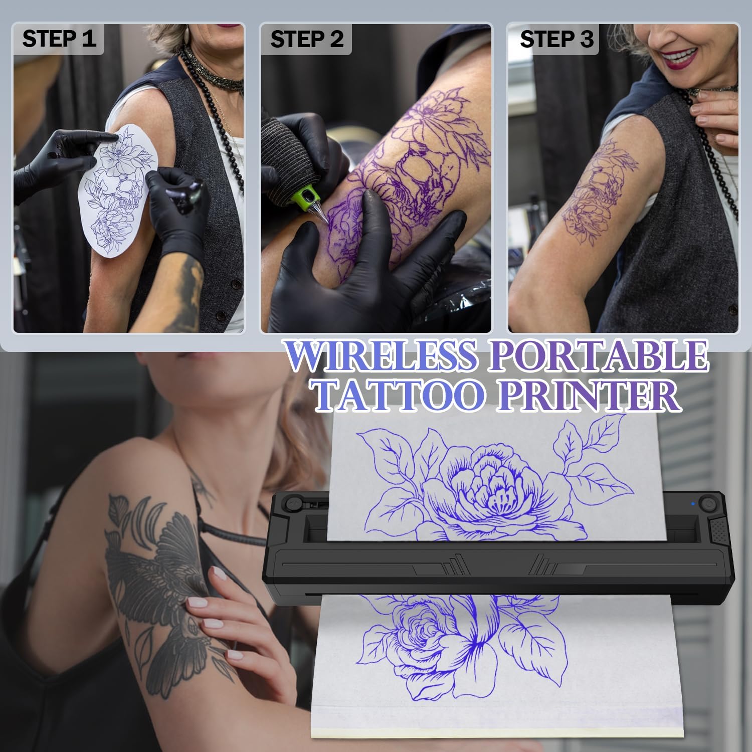 Wireless Tattoo Stencil Printer, Portable Bluetooth Thermal Tattoo Printer with App Custom-Size≤ A4, Print Realistic Portraits, 10 Transfer Papers, Works for Phone/Tablet/PC (Black)