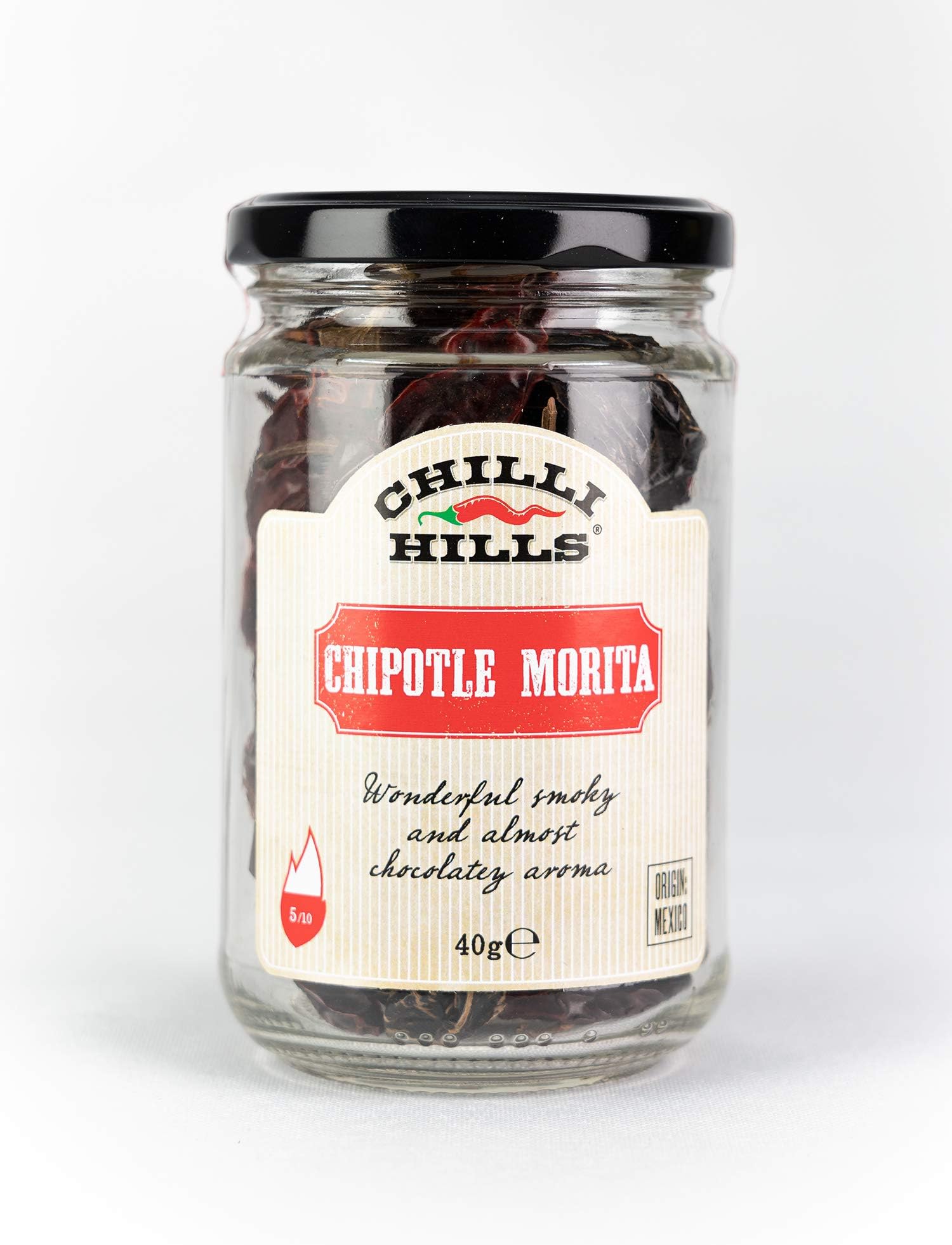 Chilli HillsChipotle Morita Dried Hot Chili Peppers. Worlds Finest and Hottest Chillies Grown in Our Family Farm and Precisely dehydrated to Preserve The Flavour. 40 Grams in a Glass Jar