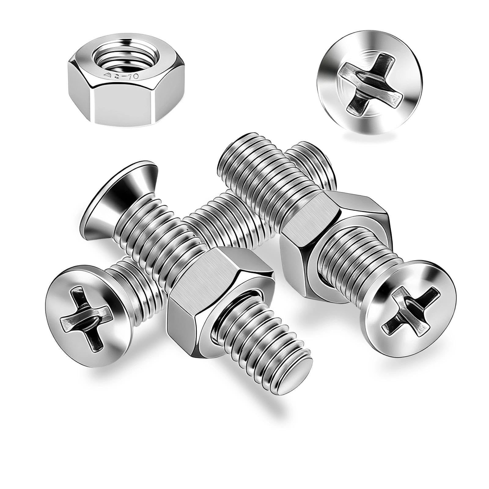 Ezitruz 30 Pcs Countersunk Screws Set, M6x10 mm Bolts 304 Stainless Steel Flat Head Machine Screws Phillips Bolts with Nuts Fully Threaded for Home Furniture Chair Repairs
