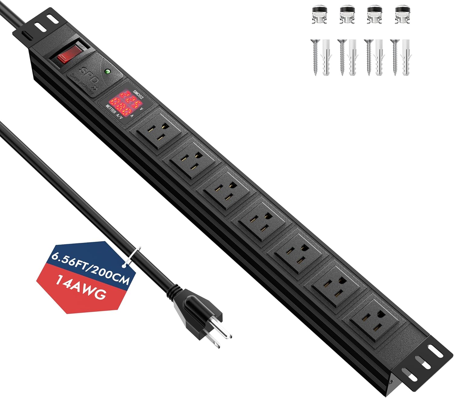 Metered PDU 19 Inch, 7 Outlets Rack Mount Power Strip PDU, SPD, 125V 15A 1U Rackmount Surge Protector Power Strip with OLED Screen Amp Voltage Power Display