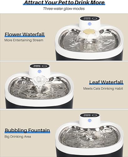 Miniatura 6 de Fuente de agua para gatos de acero inoxidable, fuente automática inalámbrica para gatos de 88 onzas  2.6 L con ventana de nivel de agua y 2 filtros,