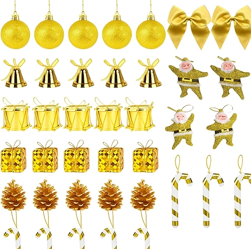 Kit 42 Enfeites Penduráveis Conjunto Natal Premium Bolas Decorativas Árvore de Natal Decoração (42, Dourado)