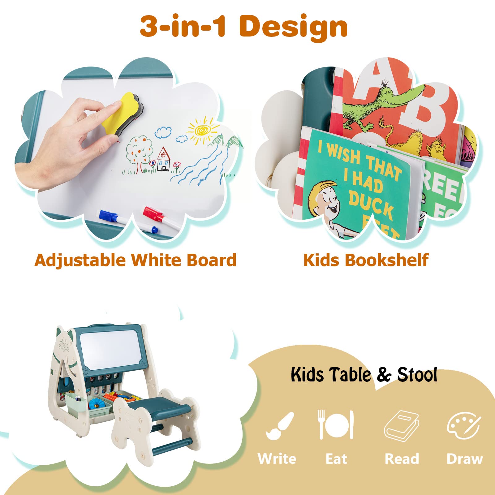 Bureau Enfant Réglable En Hauteur Avec Tableau Double Face, 3 étagères Et Banc - Bois Montessori Pour Garçon/fille 3+ Ans - Charge 50 Kg (Gris + Blanc)