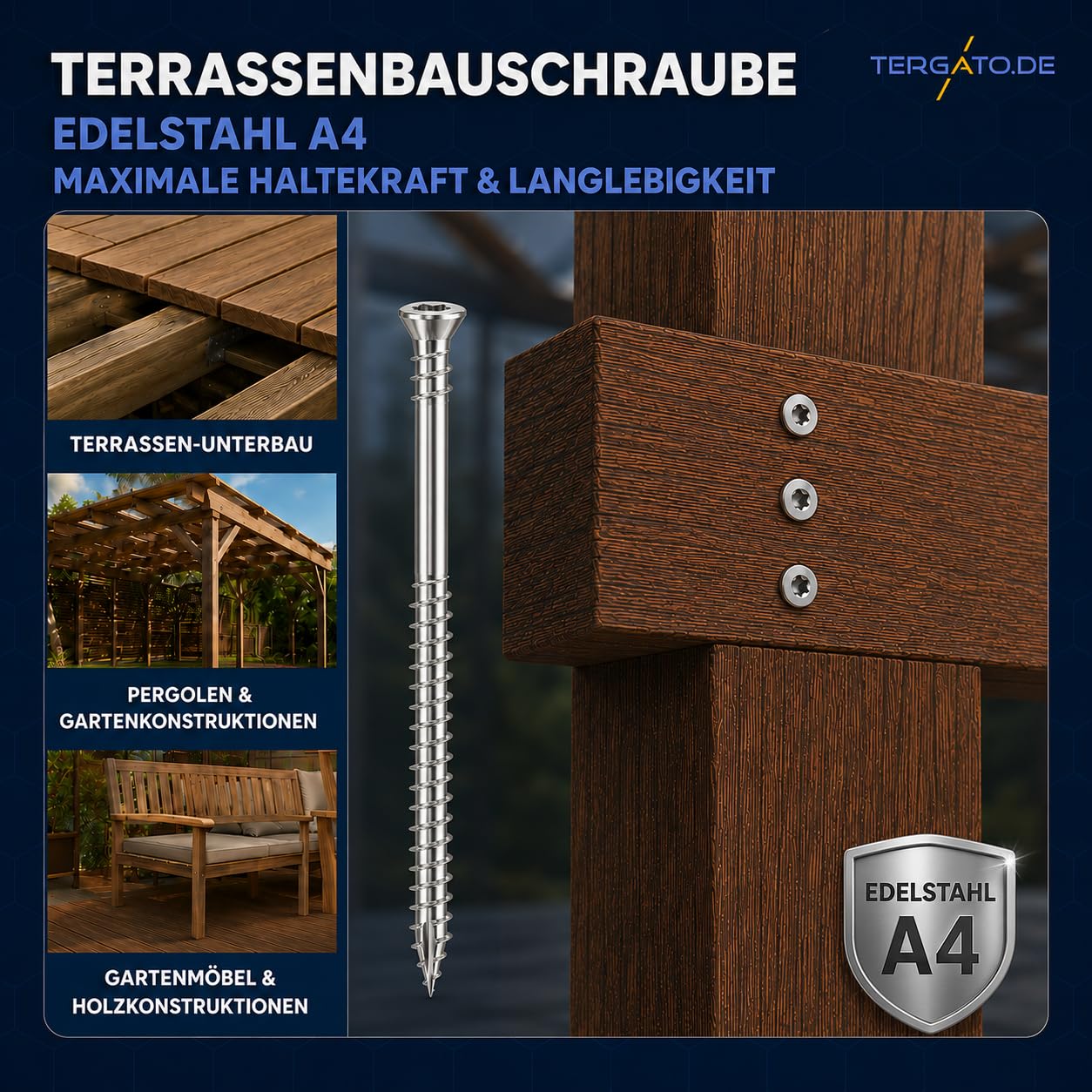 Terrassenbauschrauben 5,5x60 mm A4 Edelstahl von Tergato | 200 Stk. | Rostfreie Edelstahlschrauben & Terrassenschrauben zur Befestigung von Holzbodendielen | HSI HSeasy Terra Duo ZK TX25