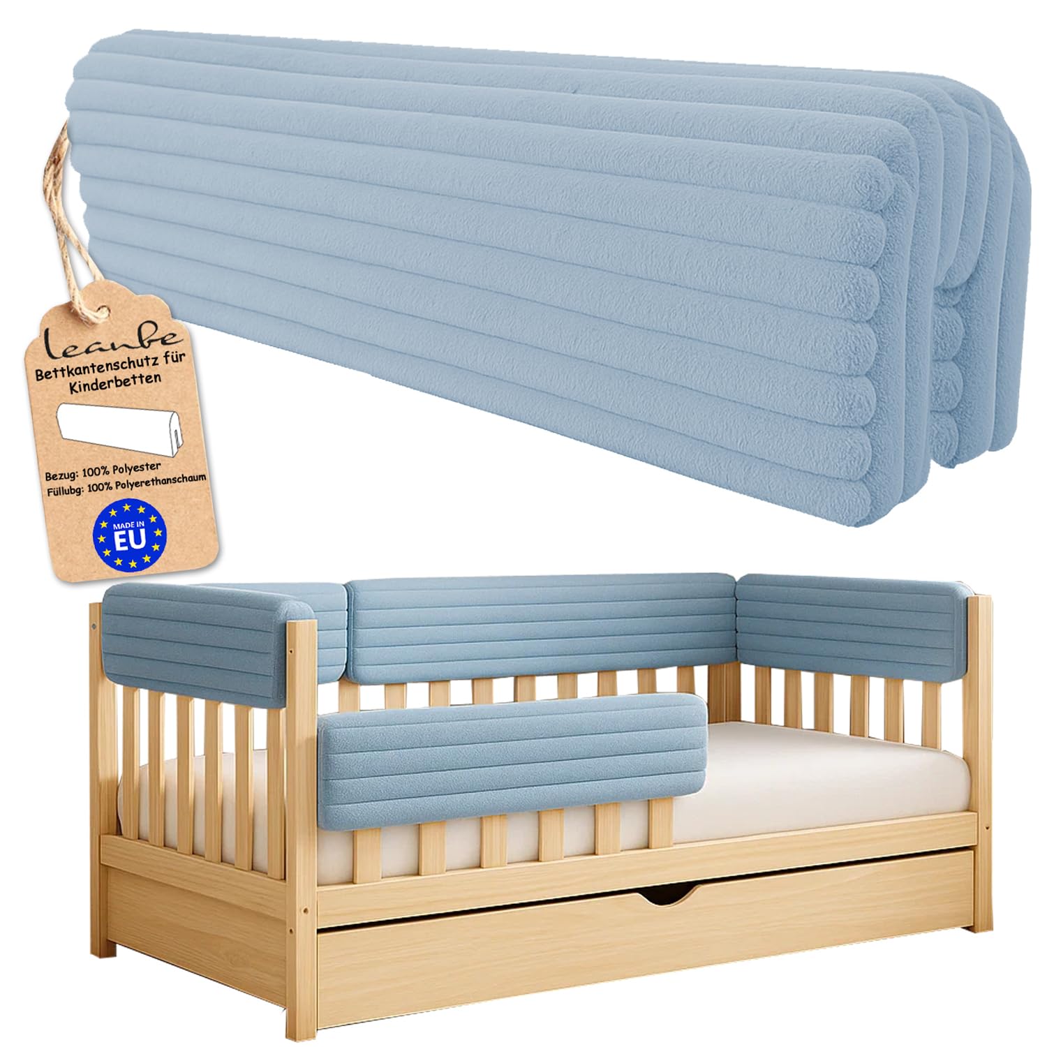 Bettkantenschutz für Kinderbetten Kissen für bettumrandung Rausfallschutz Abdeckung Kantenschutz für Babybett (BLAU Cord, 120cm)