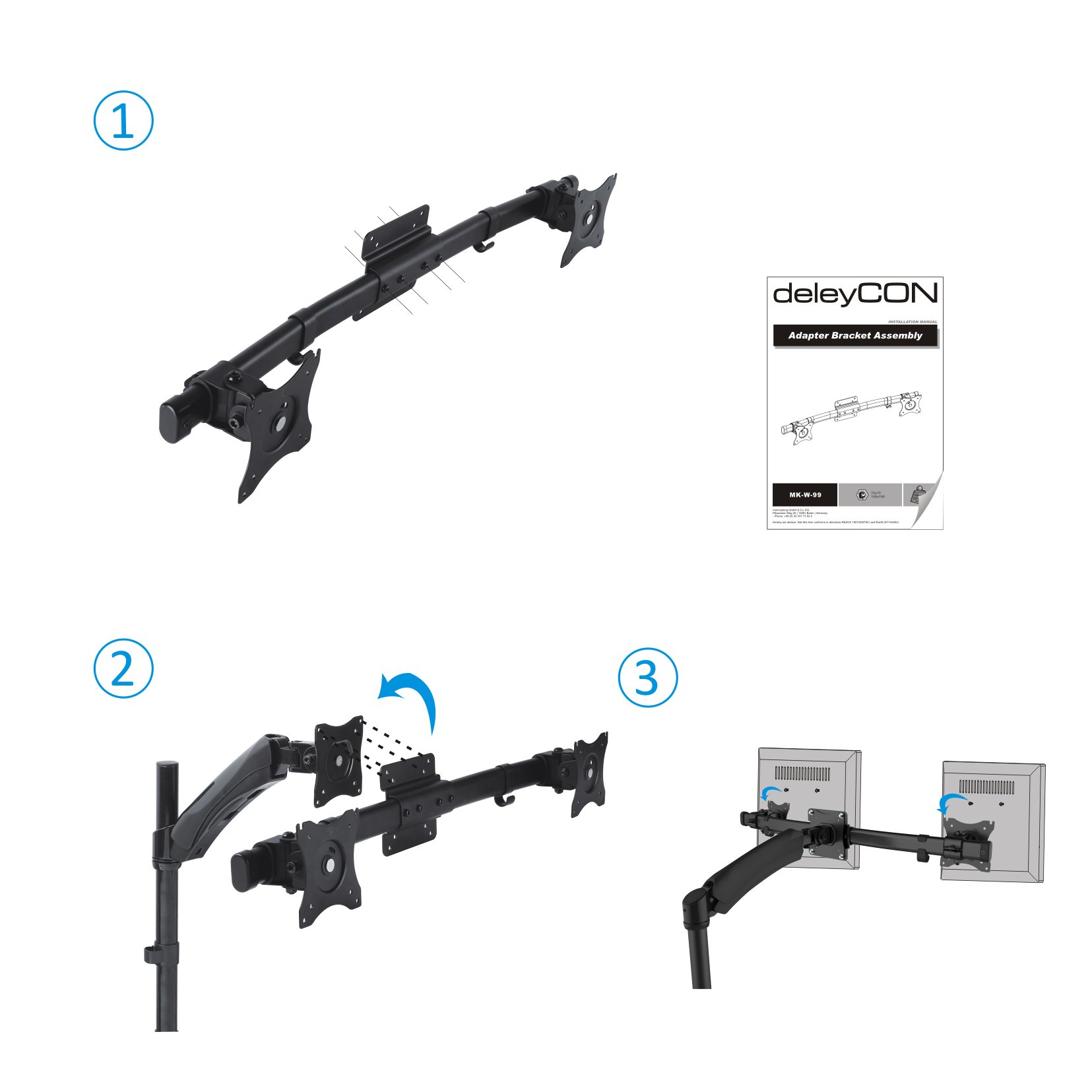deleyCON Dual Monitor Adattatore per Monitor 13" - 27" Pollici (33-69 cm) e 10kg Ciascuno VESA 100x100 2 Monitor su 1 Braccio di Supporto Scrivania Supporto Attaccamento