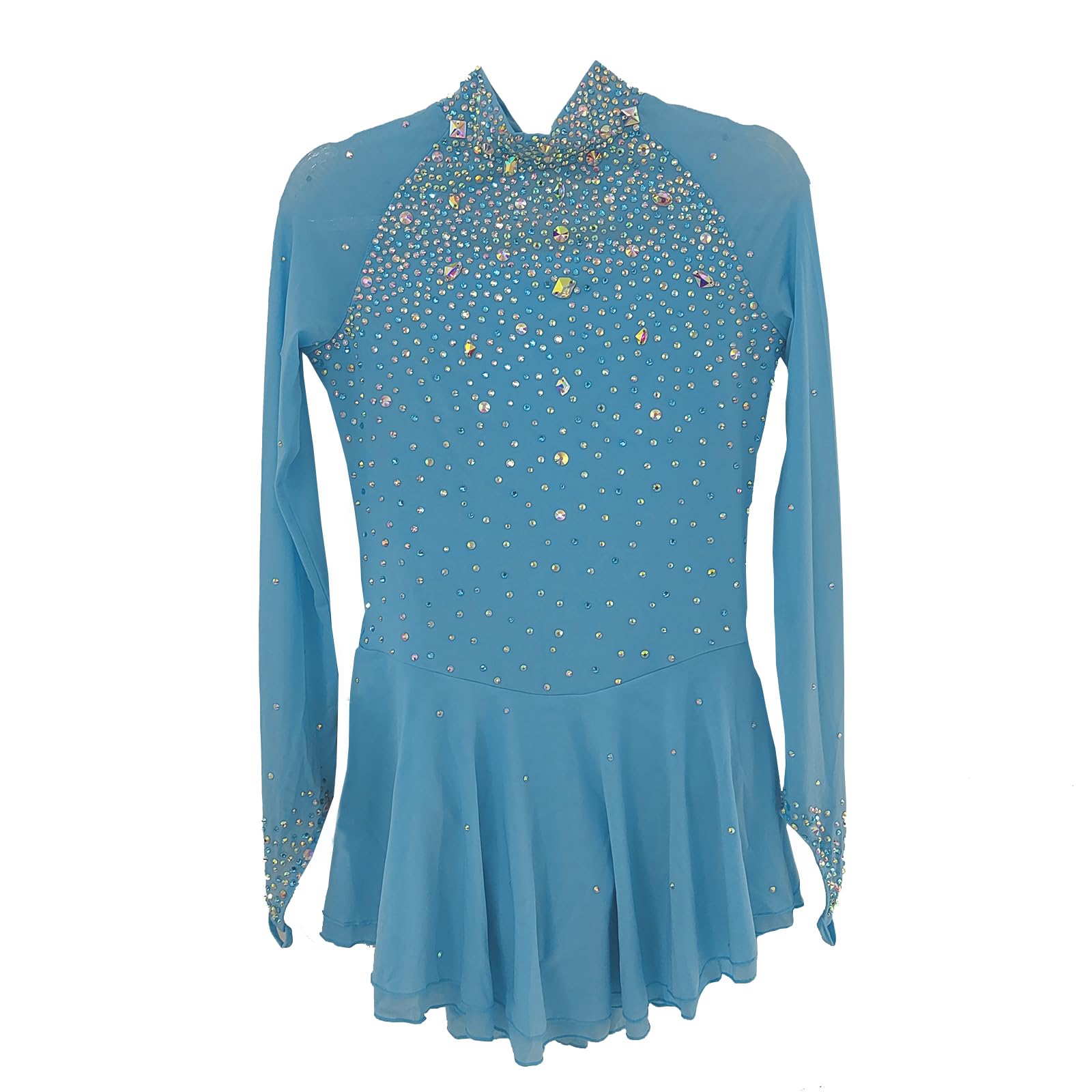 LIUHUO Falda de patinaje artístico azul claro Rendimiento de la competencia de la manga del dedo del diamante brillante
