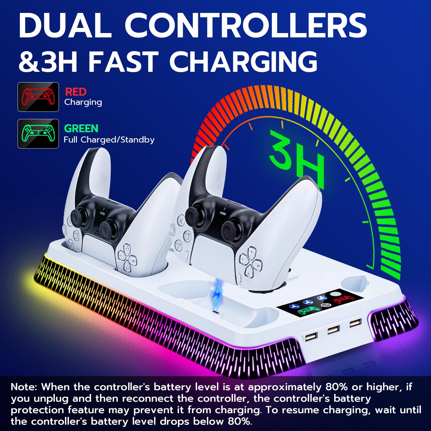 Uchwyt do PS5/ Slim/PS5 Pro, stacja chłodząca RGB z podwójnym kontrolerem, 3-biegowy wentylator chłodzący ze słuchawkami i 3 portami USB - biały