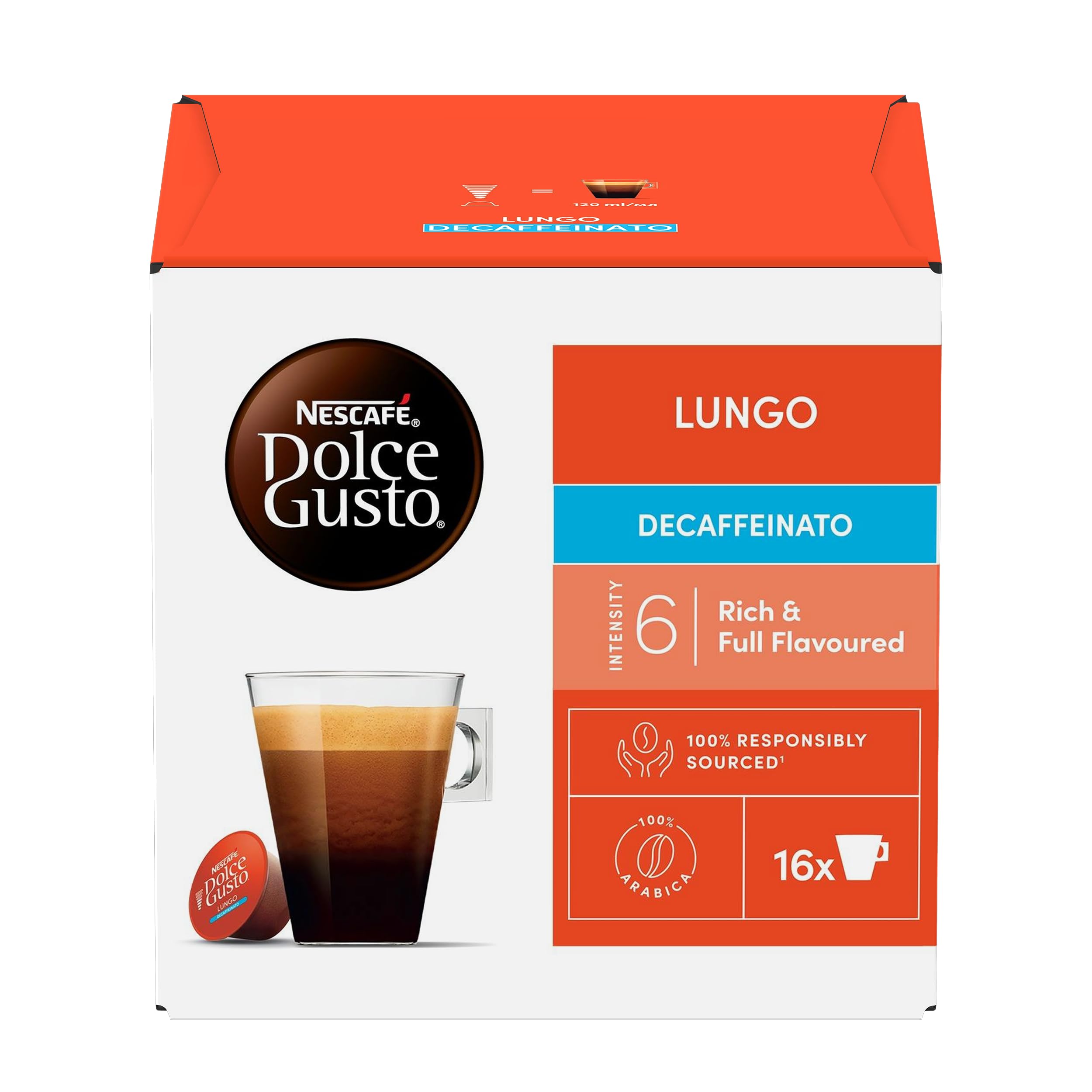 Nescafé Dolce Gusto Decaffeinated Ground Coffee Pods Box Lungo 7 G Pack Of 16