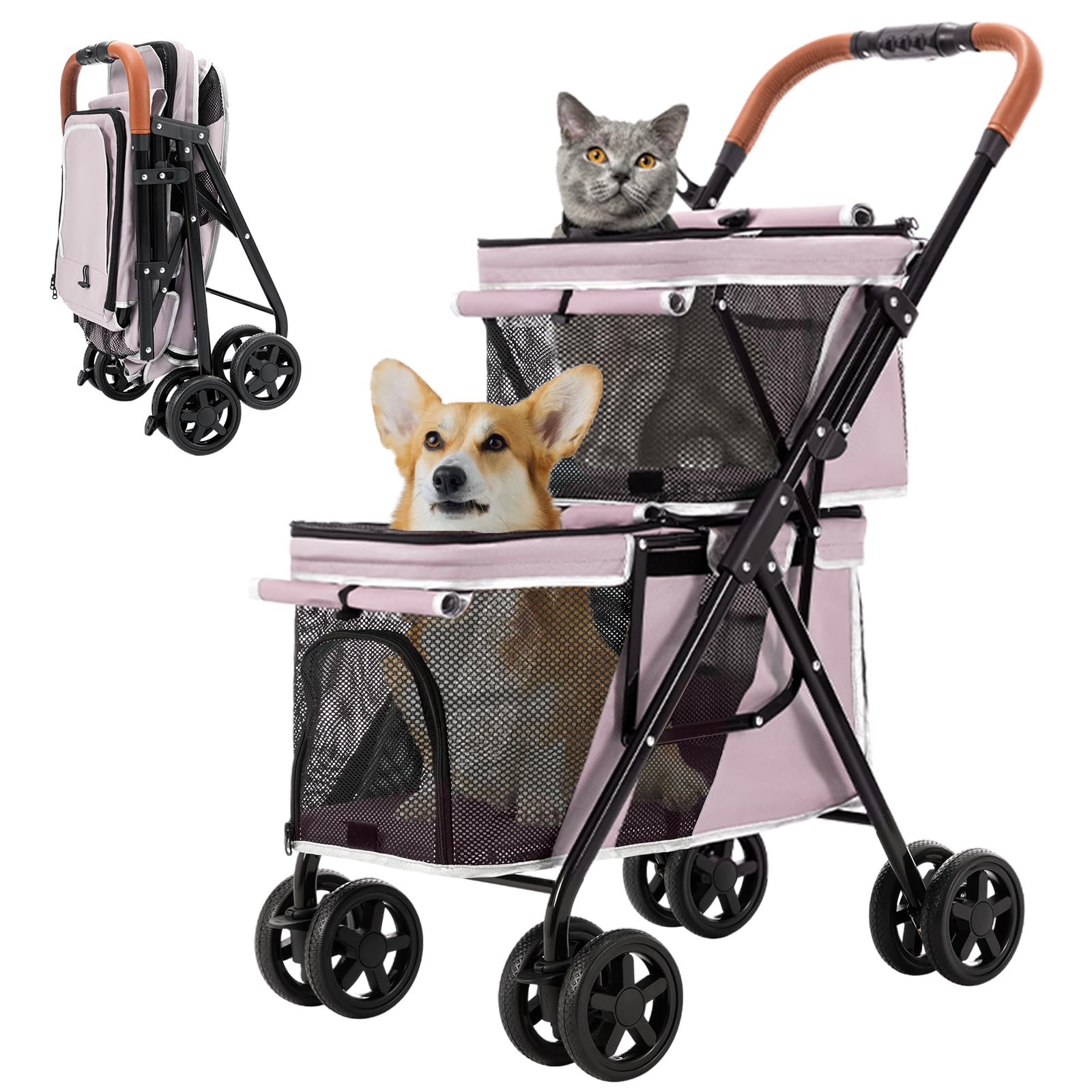Amazon.com: LPOTIUS Double Pet Stroller for Dogs and Cats, One-Hand Folding  Dog Stroller Travel Carriage for Small Medium Dogs Cats, 4 Wheels, Pink :  Pet Supplies