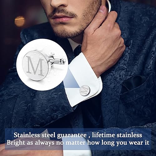 Miniatura 3 de LOYALLOOK 4Pcs Stainless Steel Engraved Initial Cufflinks and Tie Bar Money Clip Set Personalized Button Shirt Initials Tie Clip Alphabet Letter A-Z