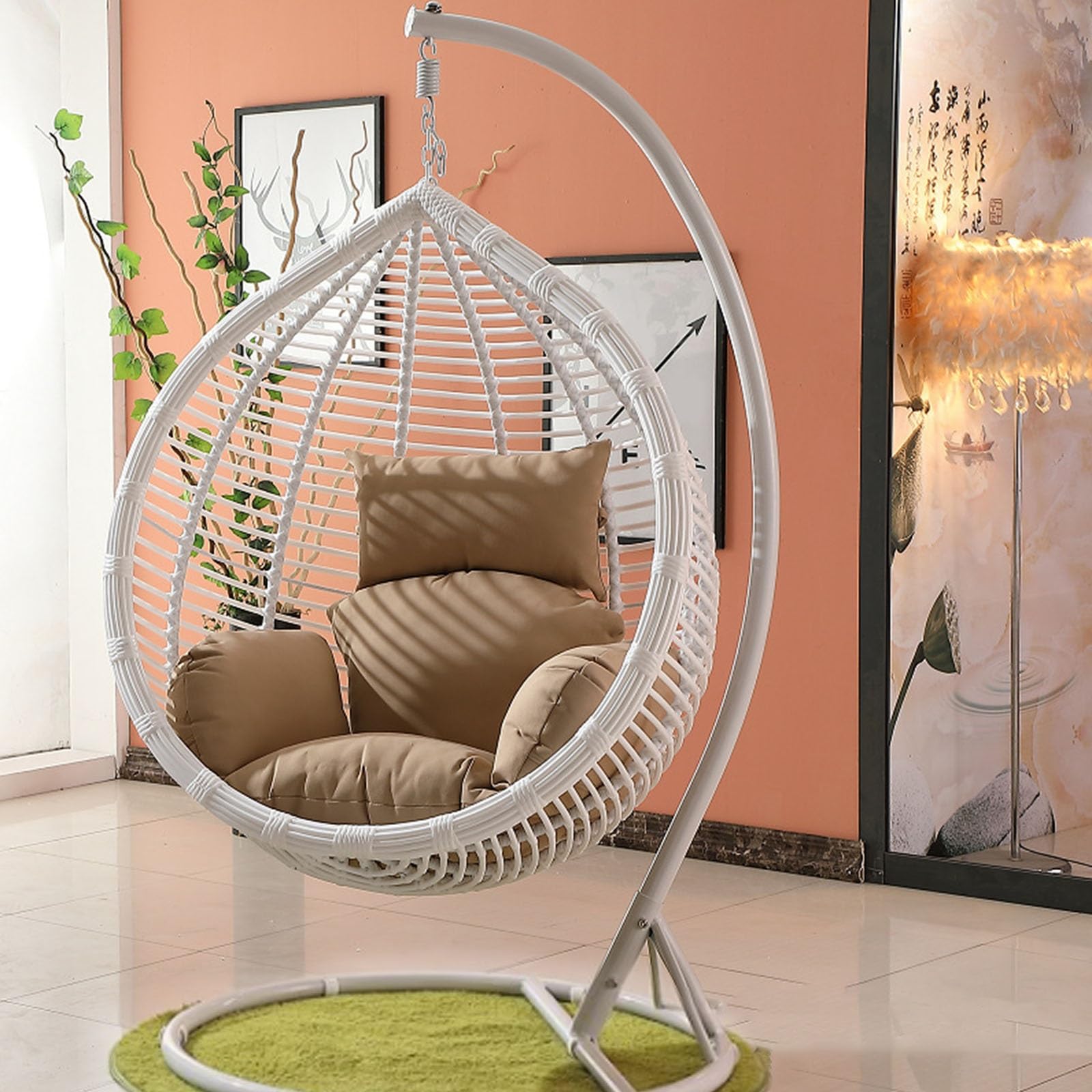 Silla de huevo colgante suave, extraíble, lavable, diseño grueso para patio, jardín, balcón, color marrón claro y blanco, perfecta para uso en exteriores e interiores