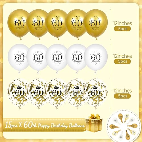 Miniatura 5 de Globos de látex de 60 cumpleaños de oro blanco, globos de látex de feliz cumpleaños 60, globos de confeti, decoraciones de fiesta de cumpleaños 60