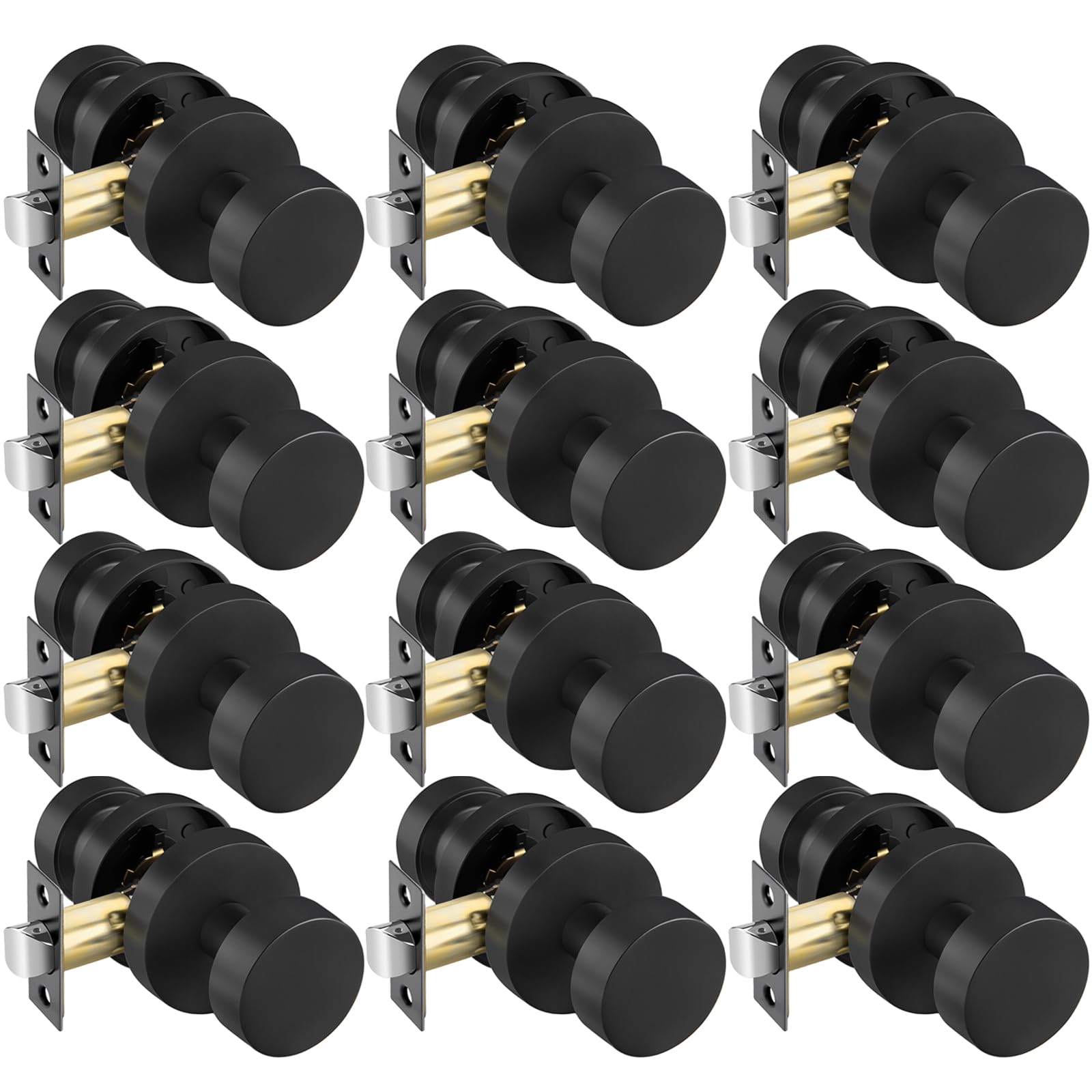 Goldenwarm Black Door Knobs Passage, Zinc Alloy Keyless Matte Black Door Knobs Interior for Hallway &amp; Closet &amp; Living Room, Non-Locking Function, Adjustable &amp; Reversible (12 Pack)