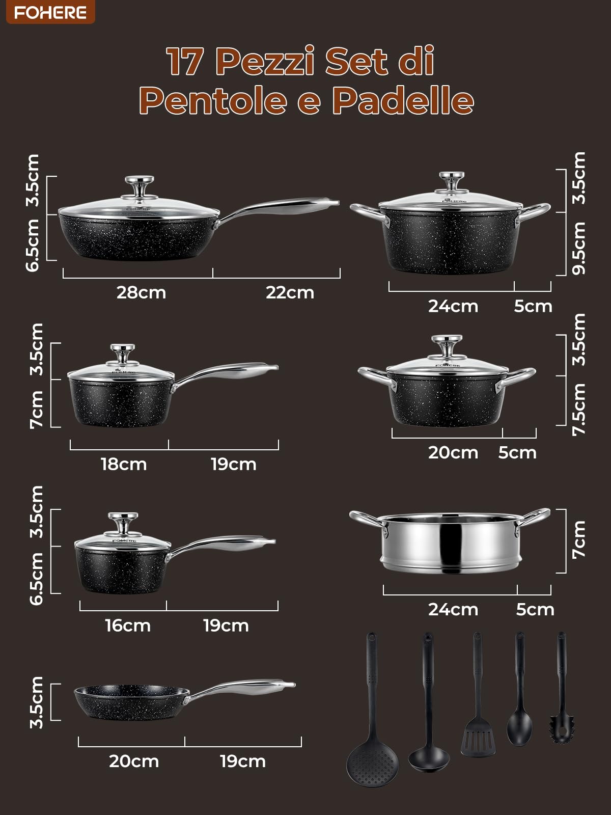 FOHERE Set Pentole e Padelle Induzione 17 Pezzi, Ceramica Antiaderente | Pentole con Coperchio, Adatto a Tutti i Piani Cottura, Induzione, Adatto Per Forno E Lavastoviglie, Alluminio, Nero