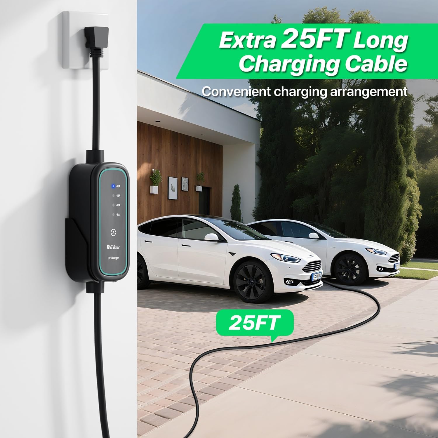 Level 1 EV Charger 16A Mobile Electric Car Charger with J1772 Connector, NEMA 6-20 Plug and 5-15 Adapter, 25FT Cable, 120V/240V 8-16A Adjustable Vehicle Charging Station for All EVs