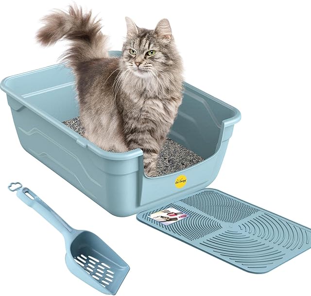 Blue Large Cat Litter Tray +Scoop +Tray Mat Deep Open Toilet Box Bundle Loo High Sided CatCentre®