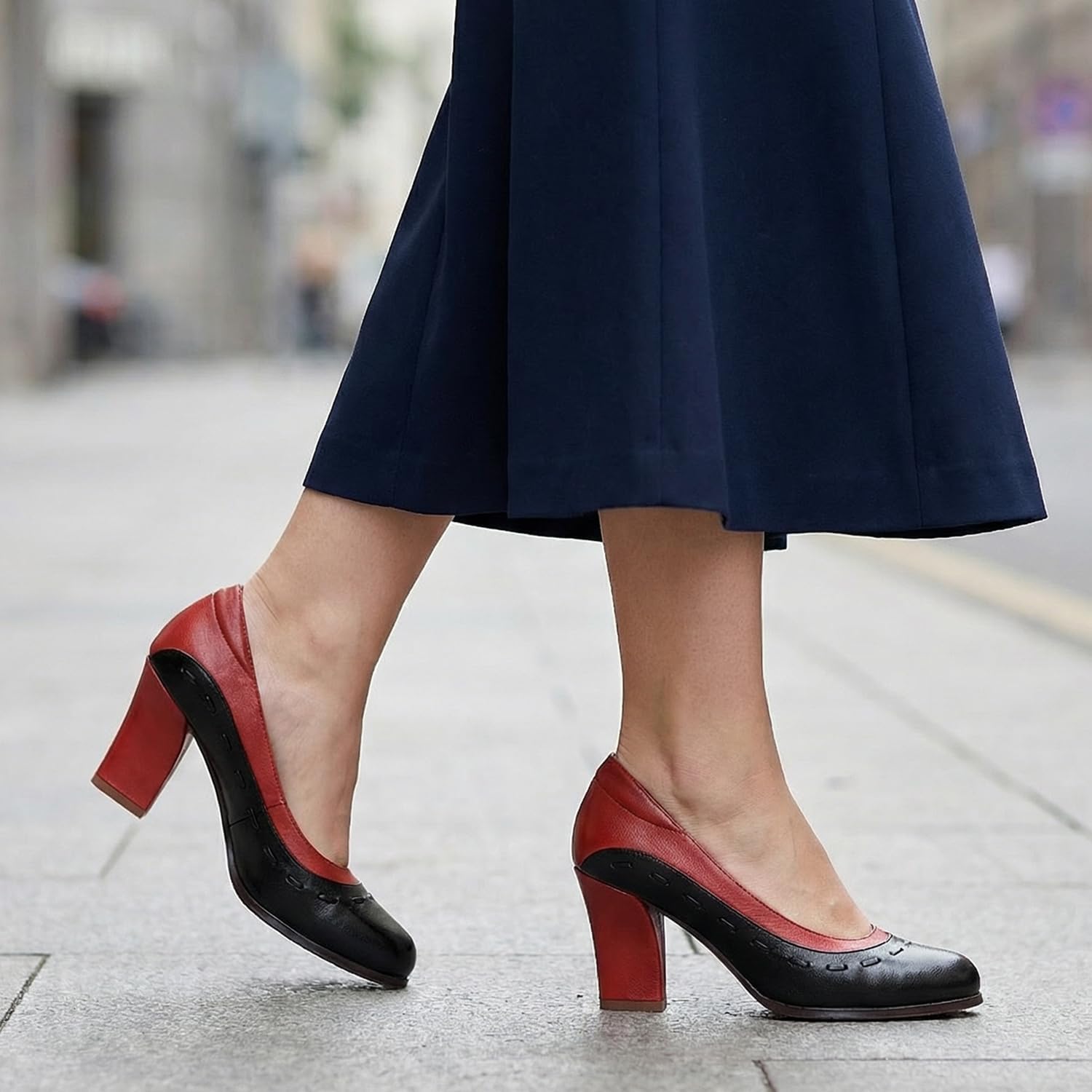 Mona flying Women's Leather Closed Round Toe 3 inch Chunky High Heel Pumps Office Work Dress Shoes for Ladies - Image 2