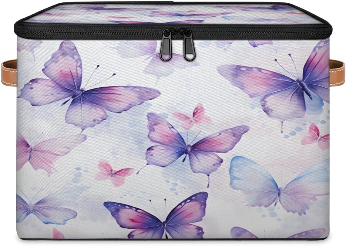 Storage Bin Set of 2 Butterfly Pattern Storage Basket with Zipper Lid & Handle Foldable Closet Shelf 2 Pack Cloth Organizer Basket Cube Bins Clothes Organizer for Bedroom, Nursery