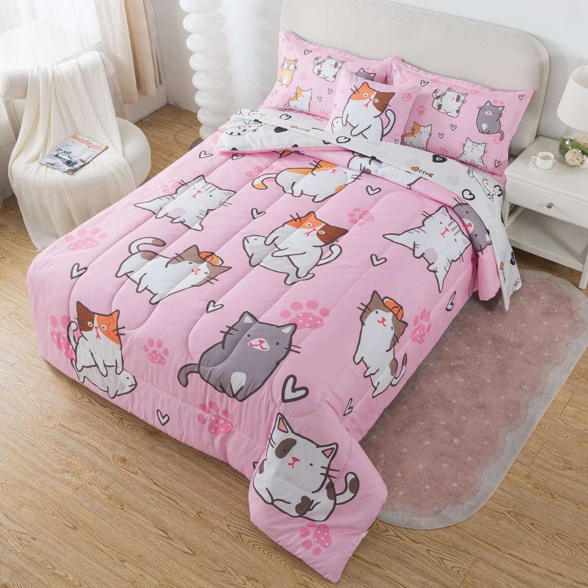 lishjekee 6 Pieces Cats Comforter Twin for Girls Cute Pink Cat Bedding Set Bed in A Bag for Kids Kawaii Pet Kitten Comforter and Sheets Set Cartoon Animal Bed Sets for Teens Home Decor