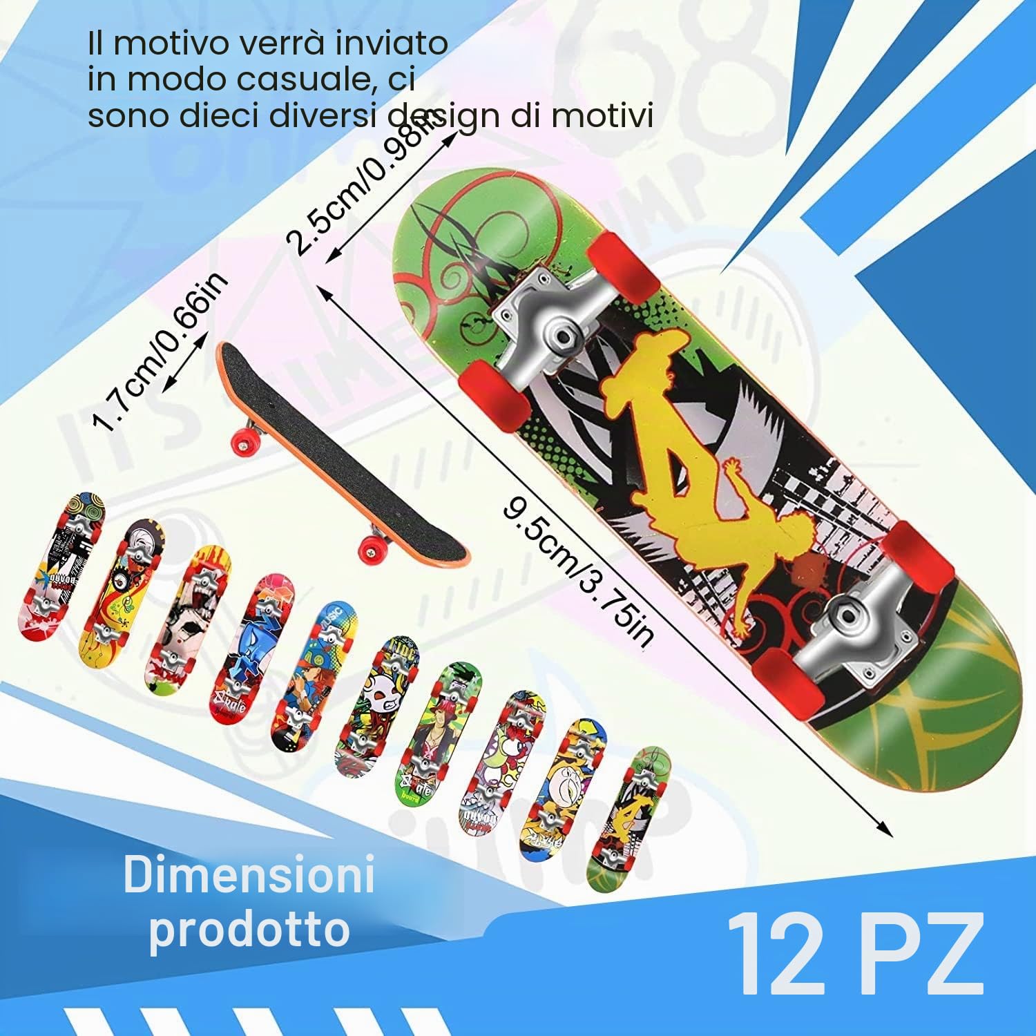 12 Pezzi Finger Mini Skateboard da Dito per Bambini, Giocattolo in Lega, per Giocare o Come Decorazione