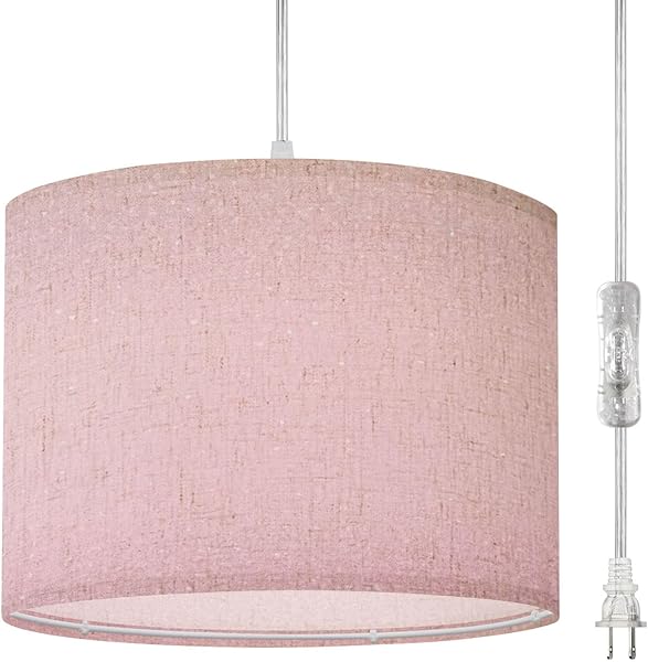 Plug in Pendant Light Pink Glitter Sparkly Glittery Bling Soft Shimmering Effect Light Hanging Light with Plug in Clear Cord Dimmable Switch Linen Shade Hanging Lamp Fixture for Bedroom Kitchen