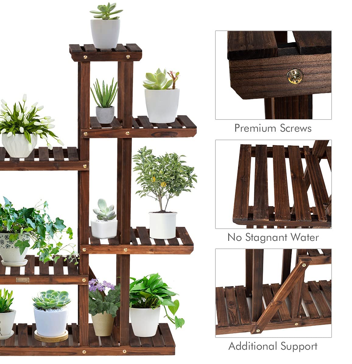 GIANTEX Étagère à Fleurs en Bois à 6 Niveaux, Porte Plante avec 9 Tablettes, Étagère Plante Extérieure Intérieur,Idéal pour Terrasse Balcon Maison Jardin,125 x 25 x 114 cm
