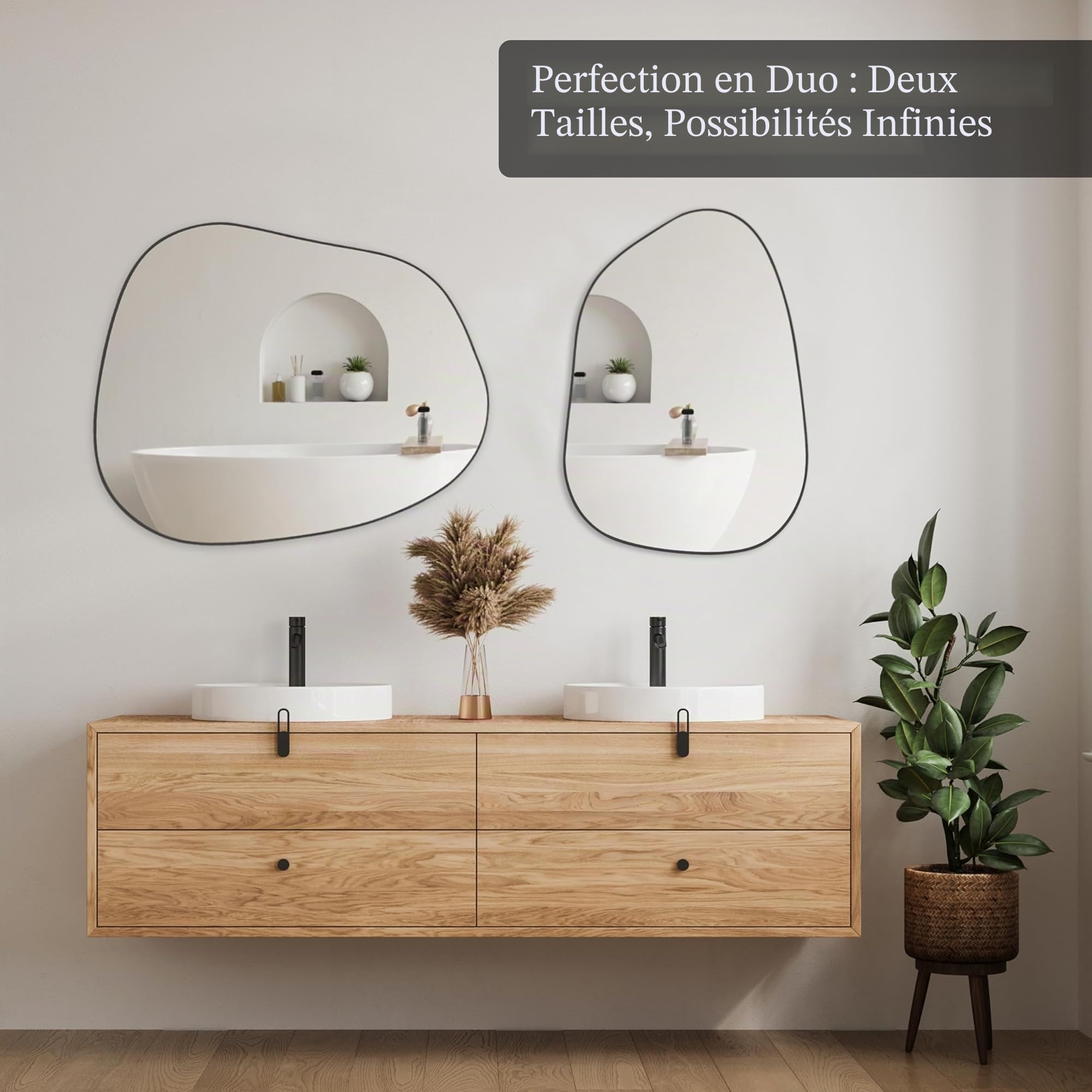 PERFNIQUE Miroir mural irrégulier, 68,6 x 48,3 cm, noir pour salle de bain, chambre à coucher, salon, entrée, décoration murale moderne, miroir mural (noir, 68,6 x 48,3 cm)