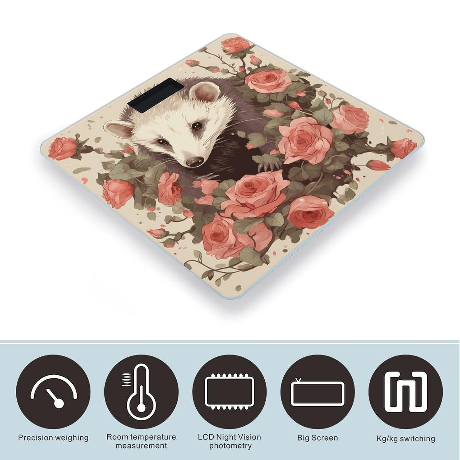 Weight Scale, Opossum and Roses Print Digital Scale Bathroom Scale LCD Display Scale Portable Scale Fitness Scale Household Scale