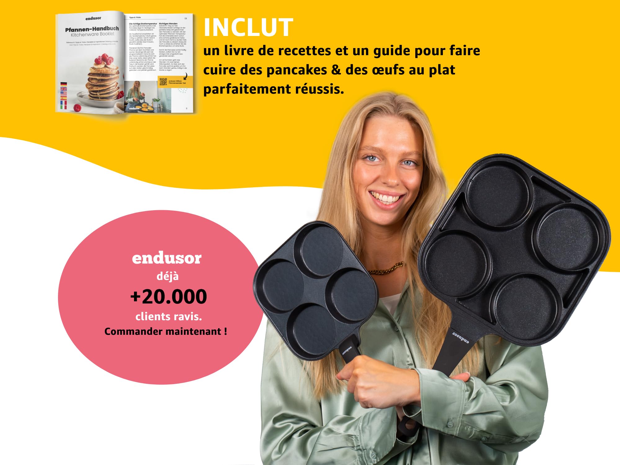 endusor Poele Pancakes et oeuf au plat - Poele de 21 cm adaptée à toute cuisinière + revêtement anti-adhésif & couvercle | Induction Gaz Céramique Électrique Halogène | 4 trous pour oeuf crêpe