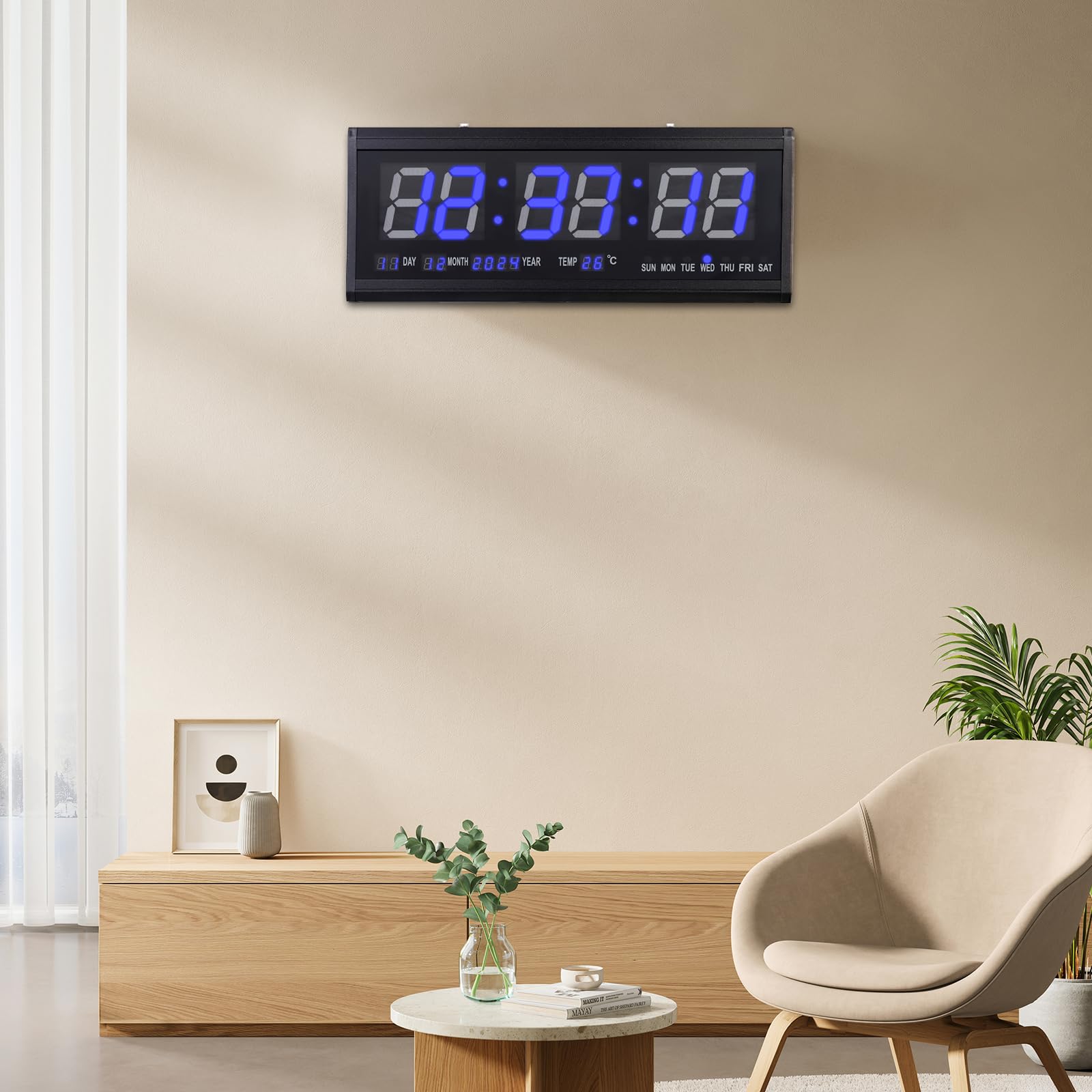 Orologio da parete digitale a LED, grande display con calendario, termometro 12/24H, montaggio a parete/sulla scrivania, alimentazione cablata, soggiorno, ufficio, sveglia (blu)
