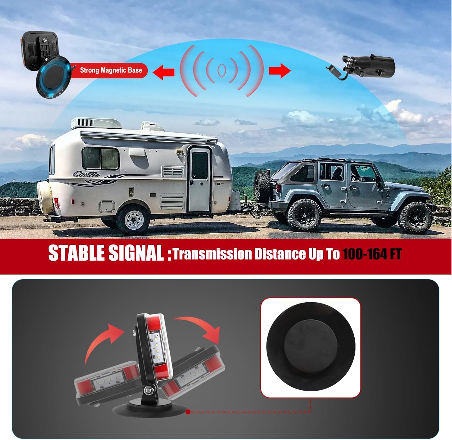 Wireless Trailer Lights, Magnetic Towing Tail Light Portable Universal Rechargeable Turn Signal Brake Running Reverse License Plate Lights w/ 4-Pin 7-Pin Plug for Vehicle, Trucks, UTV, ATV, Boats, RVs