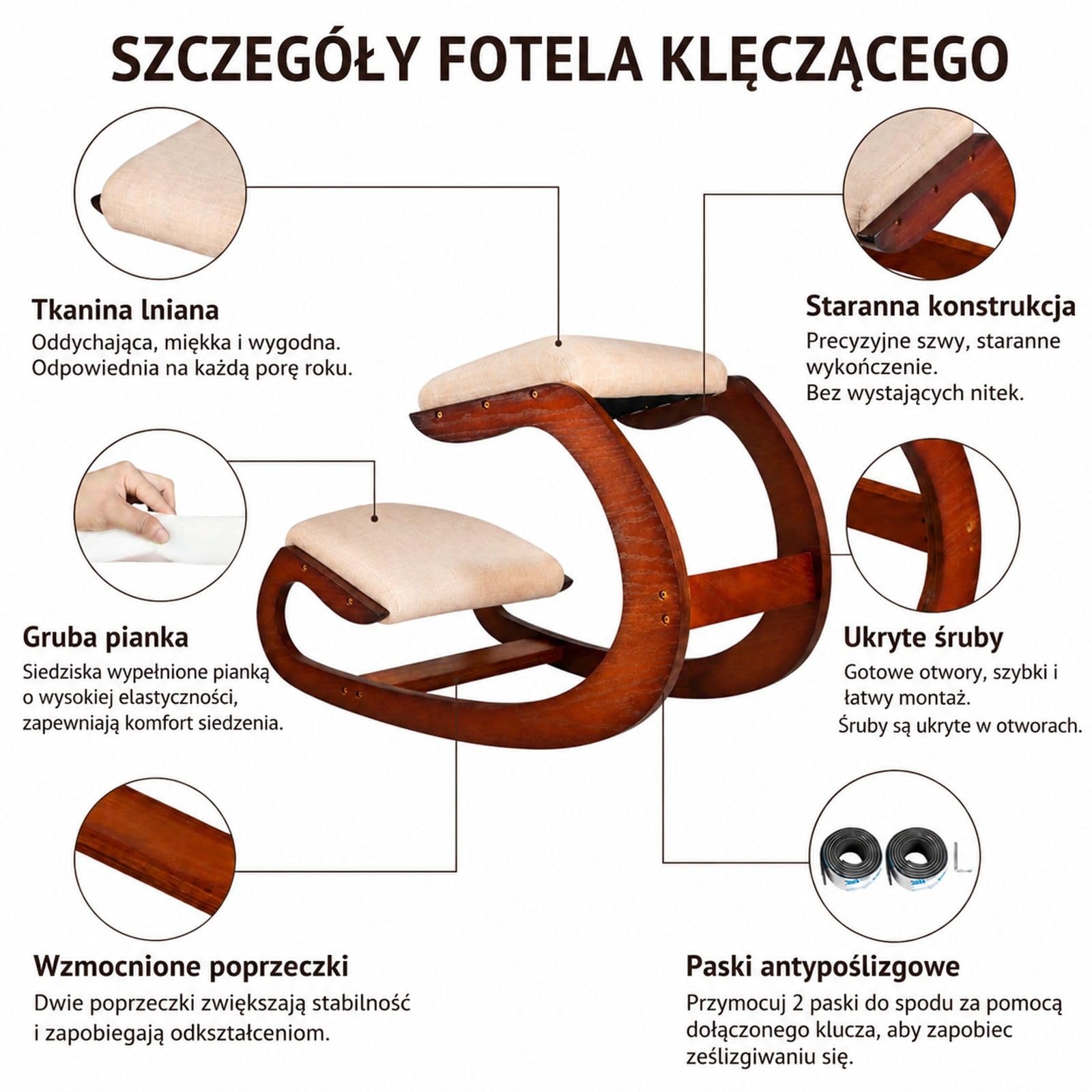 Ergonomiczne krzesło klęczące z regulowanym stołkiem pod kolana, bujaną ramą, drewnem brzozowym i piankowymi poduszkami do biura