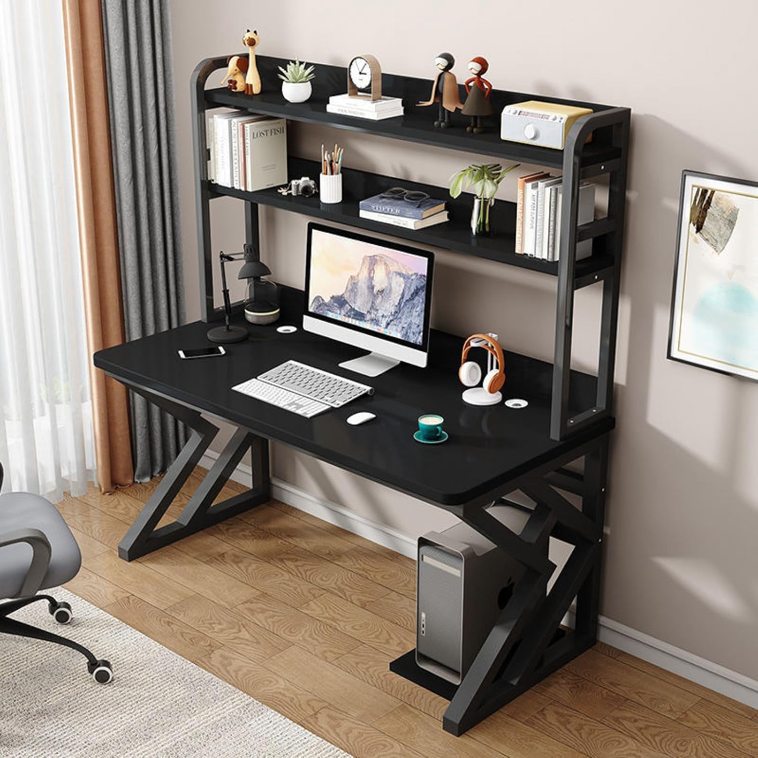 Wdsopk Negro Industrial Computer Desk With Sturdy Metal Frame, Modern Study And Writing Table For Students, Storage Shelves, 120X60 Cm Workspace Solution（-120X60x170cm）