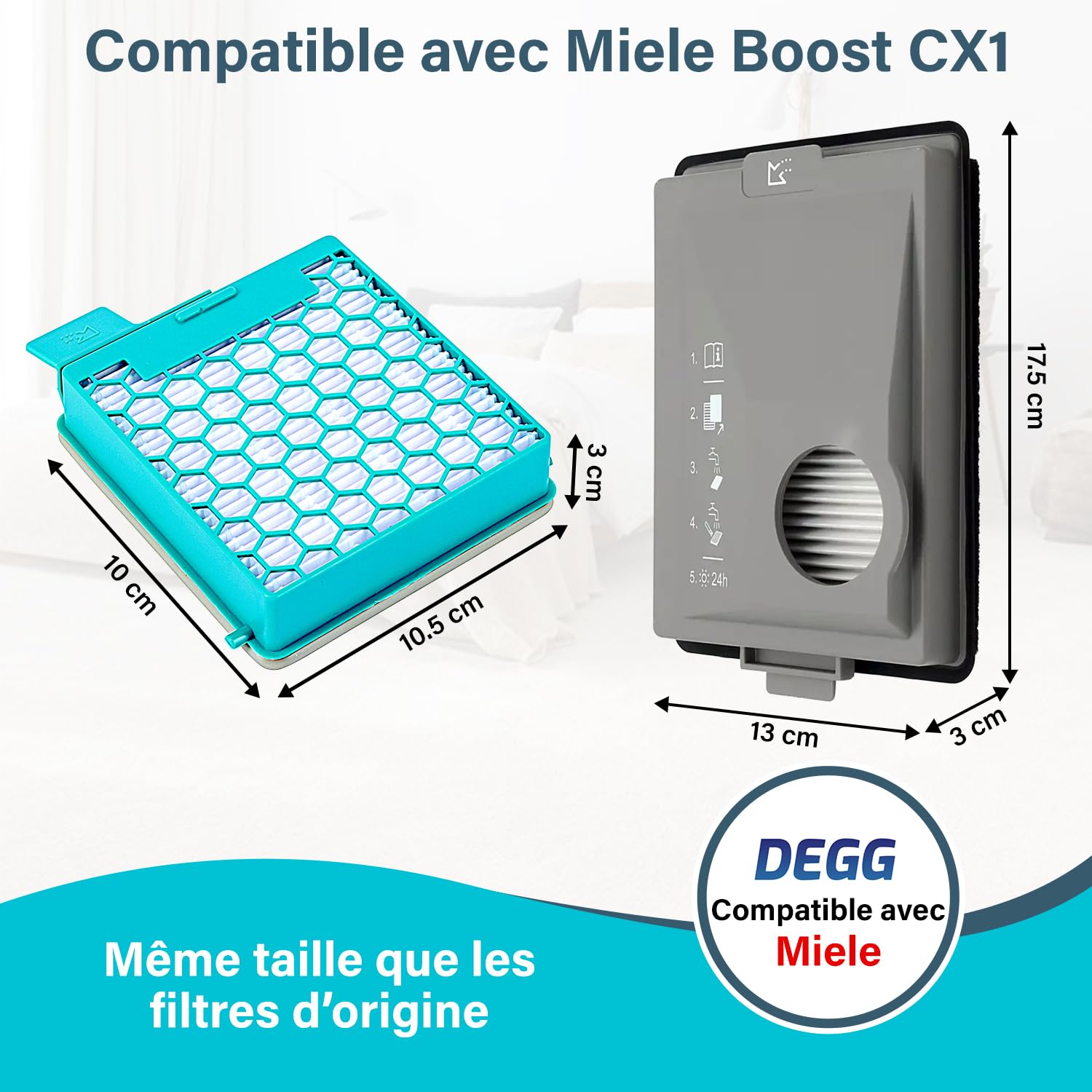 DEGG Kit de filtres - Compatible avec aspirateurs Miele Boost CX1 - Remplace SF-HY 60 & CX-FSF - Filtre HEPA et Anti-Poussière Fine - Ajustement parfait - Accessoires pour aspirateur