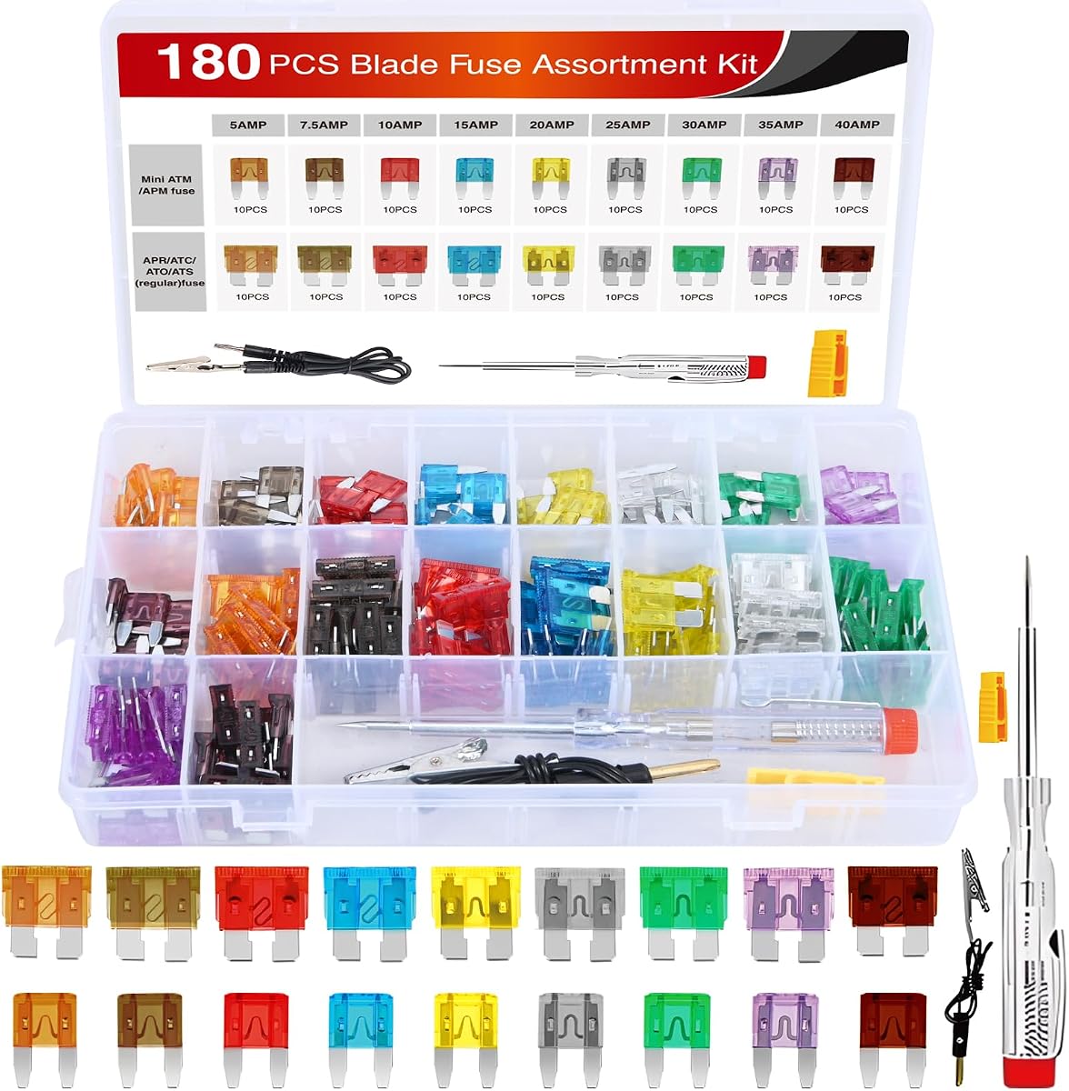 Nilight 180 Pcs Automotive Blade Fuse Kit Standard Mini Fuse Assortment | with Fuse Puller & Circuit Tester 5A 7.5A 10A 15A 20A 25A 30A 35A 40A Essential Replacement Fuses for Cars Trucks SUVs
