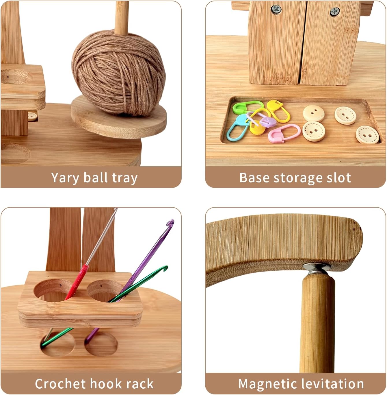 Magnetic Wooden Yarn Holder for Crocheting & Knitting – Smooth Rotating Yarn Spinner with Double Spindles, Tangle-Free Thread Dispenser, Ideal Gift for Knitters & Weavers (Natural)