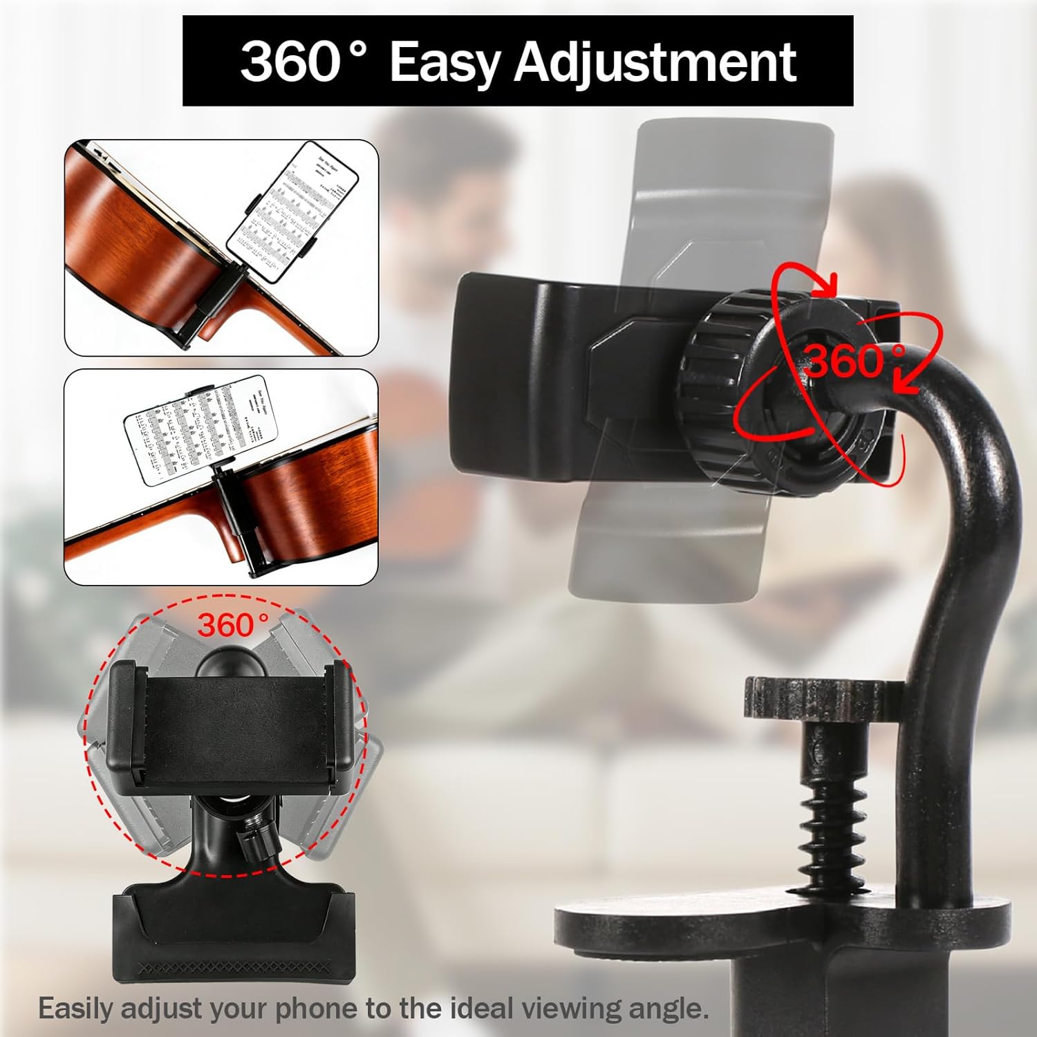 Guitar Phone Holder, with Two Styles This Adjustable Rotatable Guitar Phone Mount Fits Guitars/Ukuleles (2.36"-4.13" Thick) It's The Perfect for Live-streamed Lessons and Lessons Recording