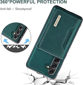 取り外し可能な財布型スマホケース Samsung Galaxy A55用、レトロレザーカードホルダーウォレット キックスタンド 取り外し可能な磁気バックカバースリム耐衝撃ケース Samsung Galaxy A55 5G用グリーン