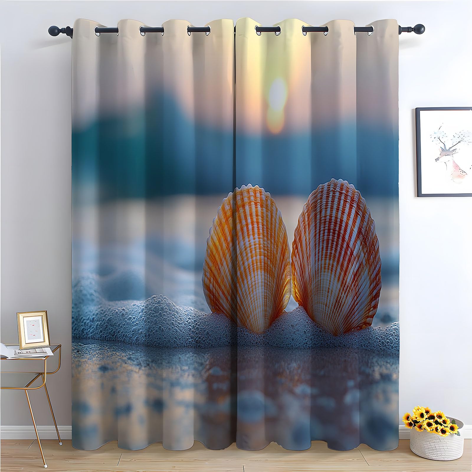Natur Landschaft Vorhänge Wald Strand-Welle Vintage Muster Verdunkelungsvorhang Landhaus Polyester Ösenschal für Schlafzimmer Wohnzimmer-H240 x B140 cm (2er Pack)