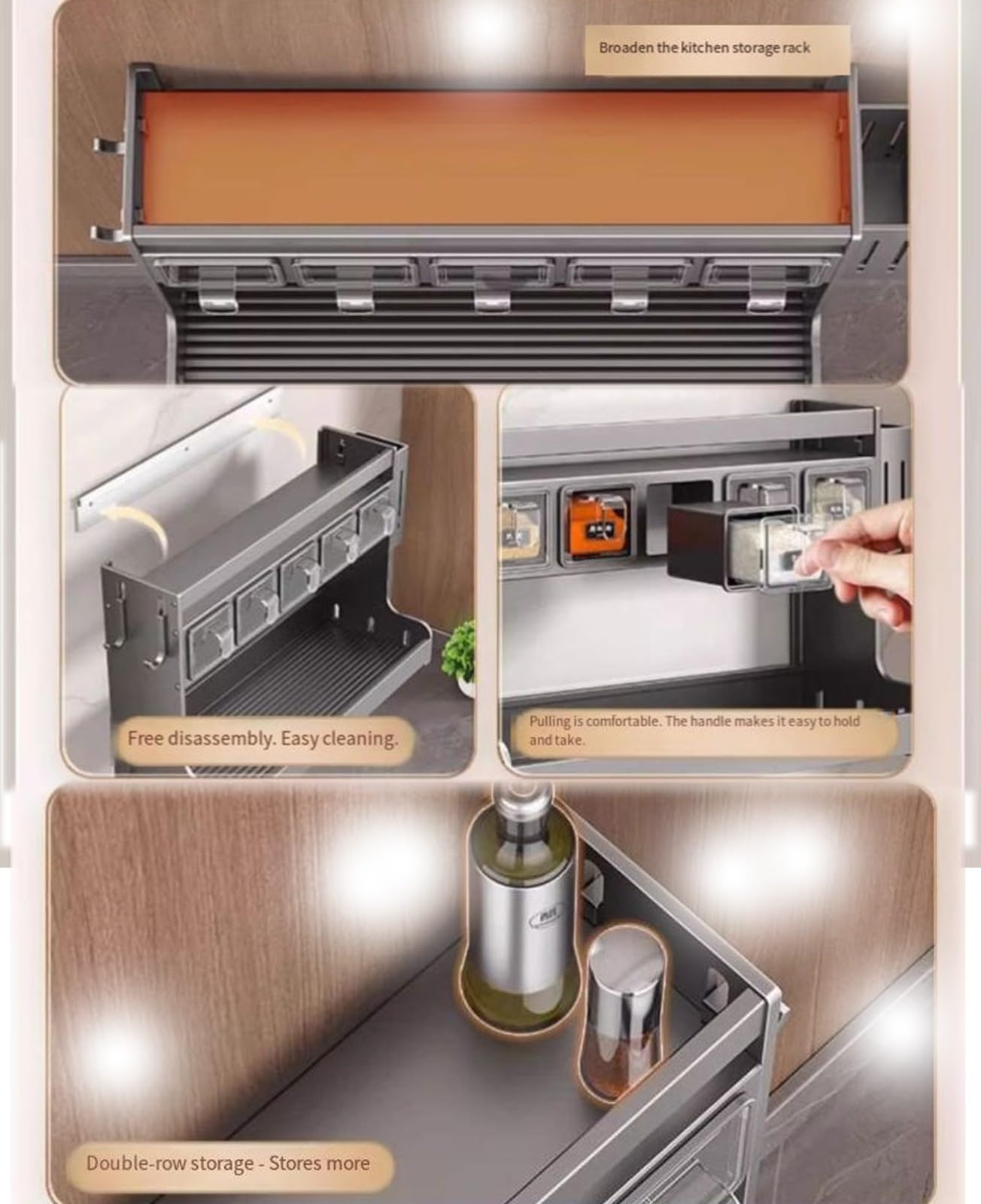 Estante de especias con tarros, estante de almacenamiento de especias montado en la pared con 4 recipientes, gabinete de especias para condimentos para encimera y gabinete
