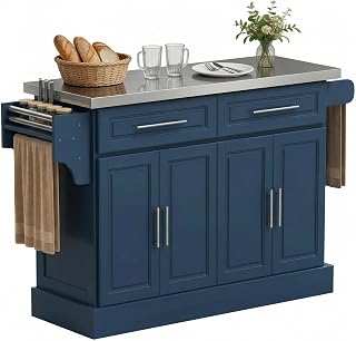 HOMCOM Navy Blue Rolling Kitchen Island Cart 47in Stainless Steel Top Adjustable Shelves Drawers Wheels Racks