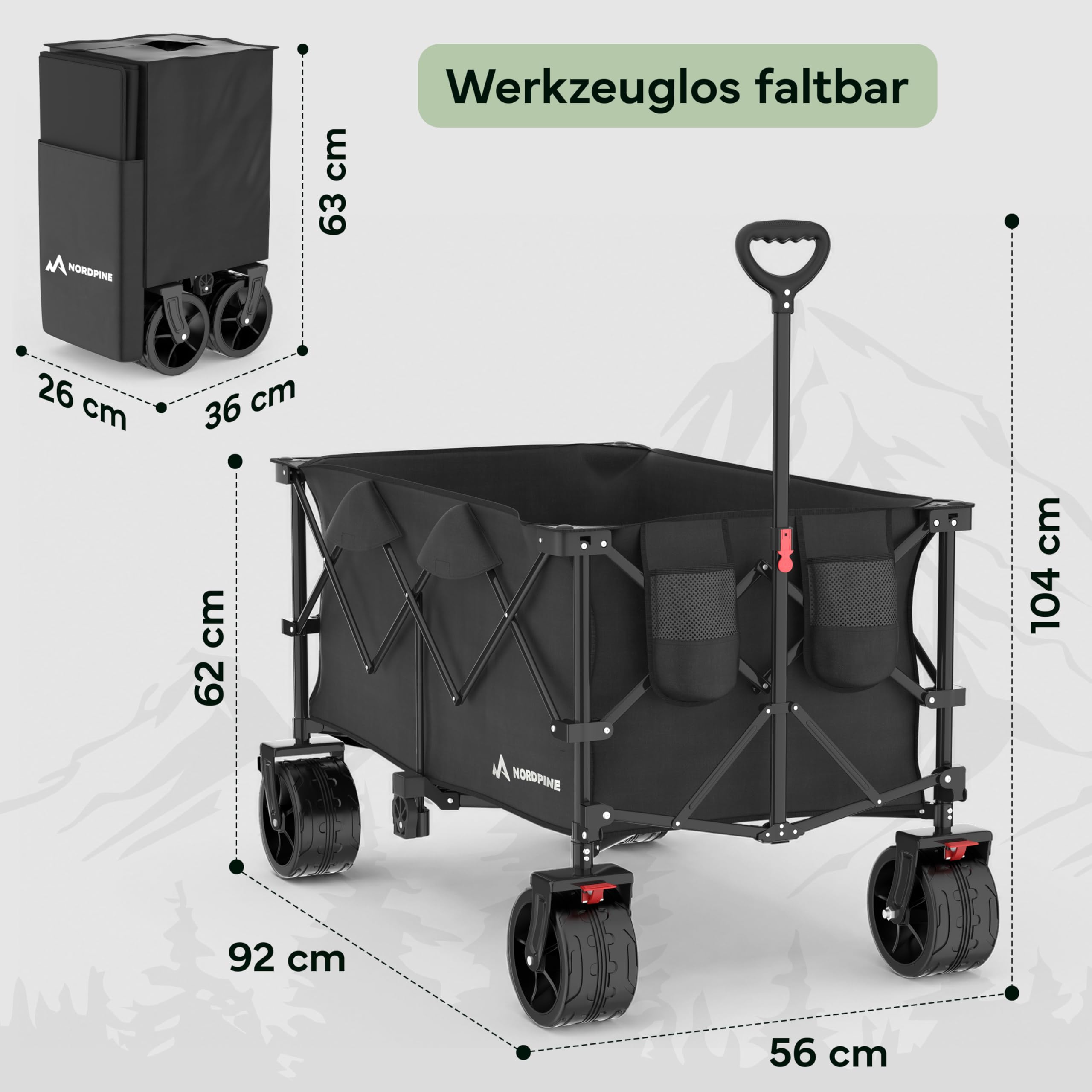 Bollerwagen Faltbar - 200/300 Liter Stauraum für Camping, Festival und Familie - Bis 200 kg Traglast - Extra breite Gummireifen mit Bremse - Klappbar in Sekunden (200 l | Bollerwagen)