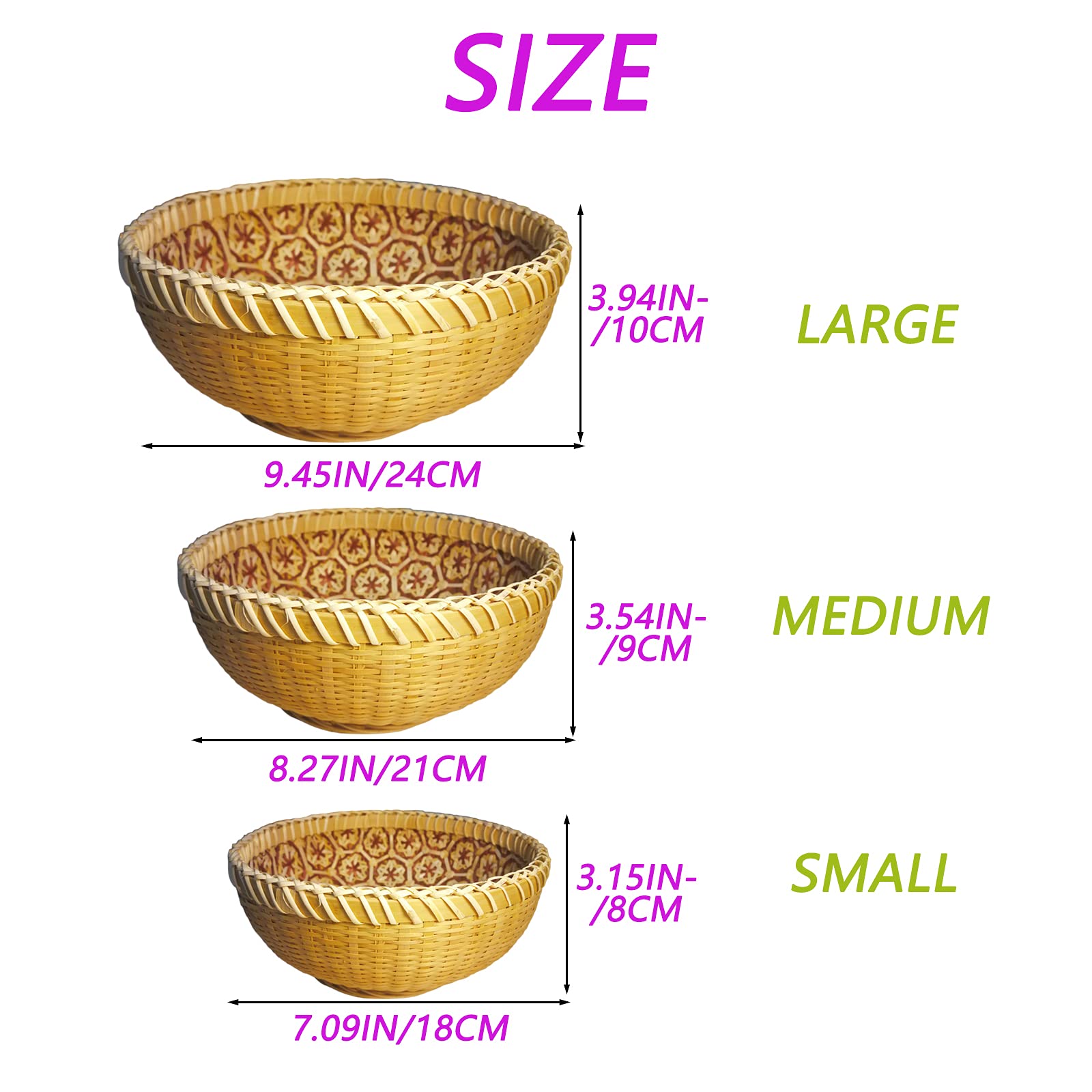 DAWN FLAME 3PCS Set of Round Natural Handmade Bamboo Woven Basket Bread Basket for Serving Fruit Basket Kitchen Storage Basket Handmade Basket Multi-purpose Storage Vegetable Basket Set (Round 3 Set)