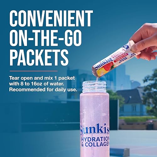 Miniatura 6 de Sunkist Hydration & Collagen Mezcla de electrolitos de limón y fresa en polvo (20 barras), con péptidos de colágeno, vitamina C y zinc, solo tienes