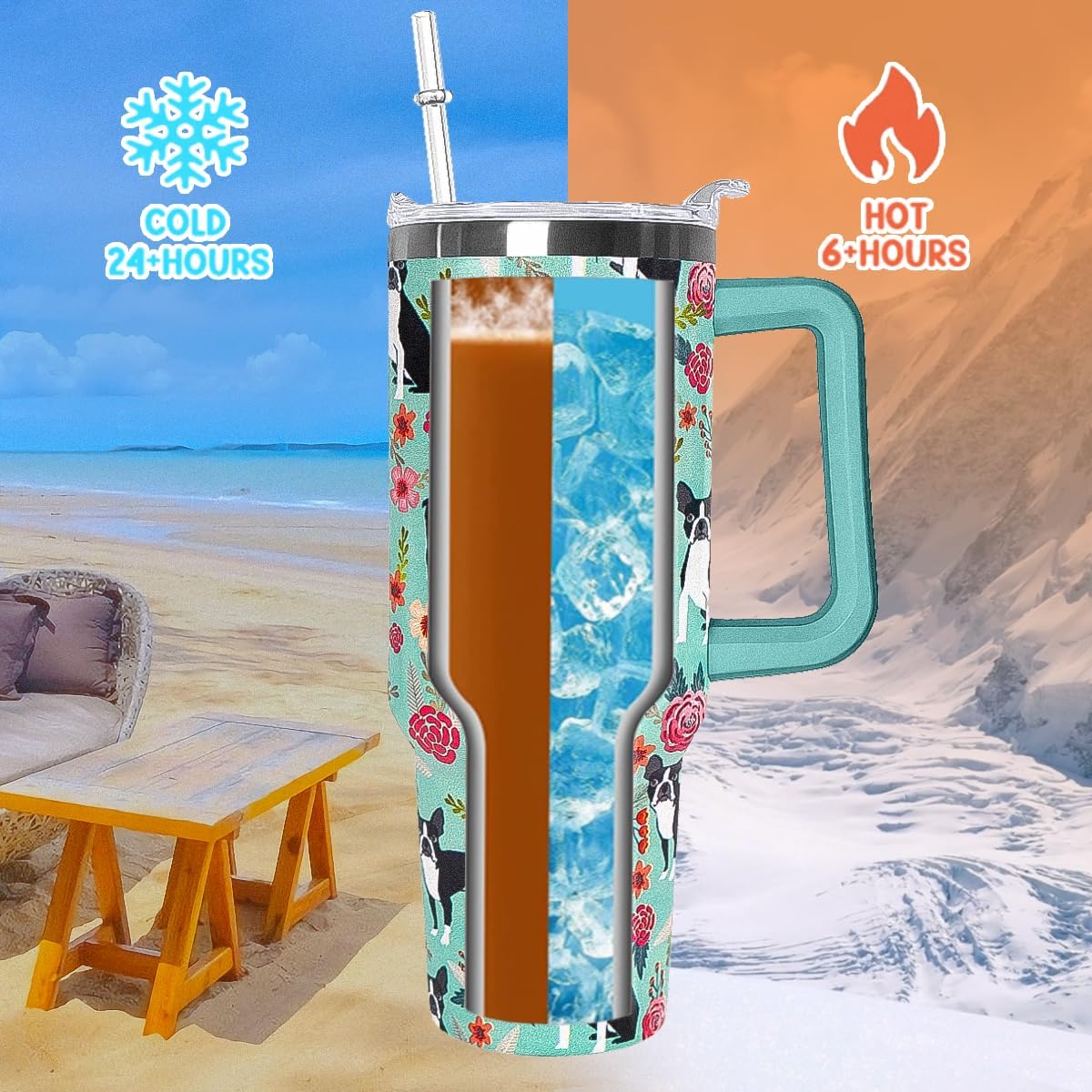 Boston Terrier Tumbler Gifts Cute Dog Tumbler 40 oz Boston Terrier Gifts for Women Cups Coffee Travel Mug with Handle Leak Proof Insulated Dog Lovers Decor Stuff - Image 3