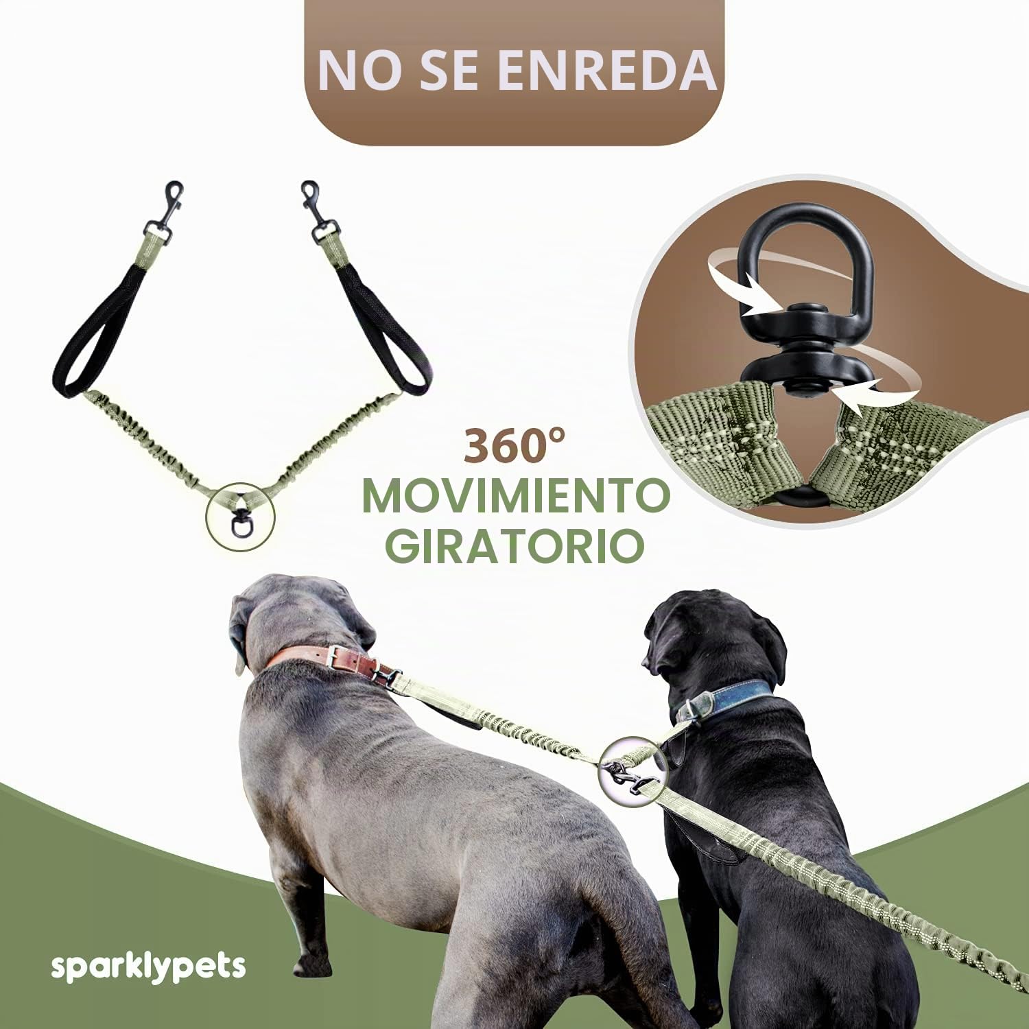 SparklyPets - Correa Manos Libres para Perros de Raza Mediana y Grande, arnés Profesional con Costuras Reflectantes, para Entrenar, Caminar, Trotar y Correr con tu Mascota (Verde Gama, para 2 Perros)