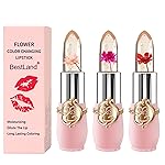 BestLand 3 Pcs/Set Flower Jelly Lipstick Set Temperature Change Moisturizer Long Lasting Nutritious Balm Magic Color Change Lip Gloss (3Pcs Flower Jelly Lipstick 010203)